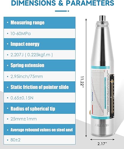 Miniatura 2 de NEWTRY Martillo de rebote de hormigón, probador prueba de resiliómetro portátil, 10-60Mpa 1450-8702psi con guía del usuario en texto y video en