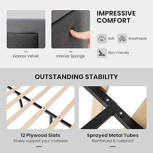 Miniatura 5 de Giantex Base de cama de terciopelo tamaño Queen con cabecero, moderna plataforma tapizada, base de colchón con 12 listones de madera fuertes, no