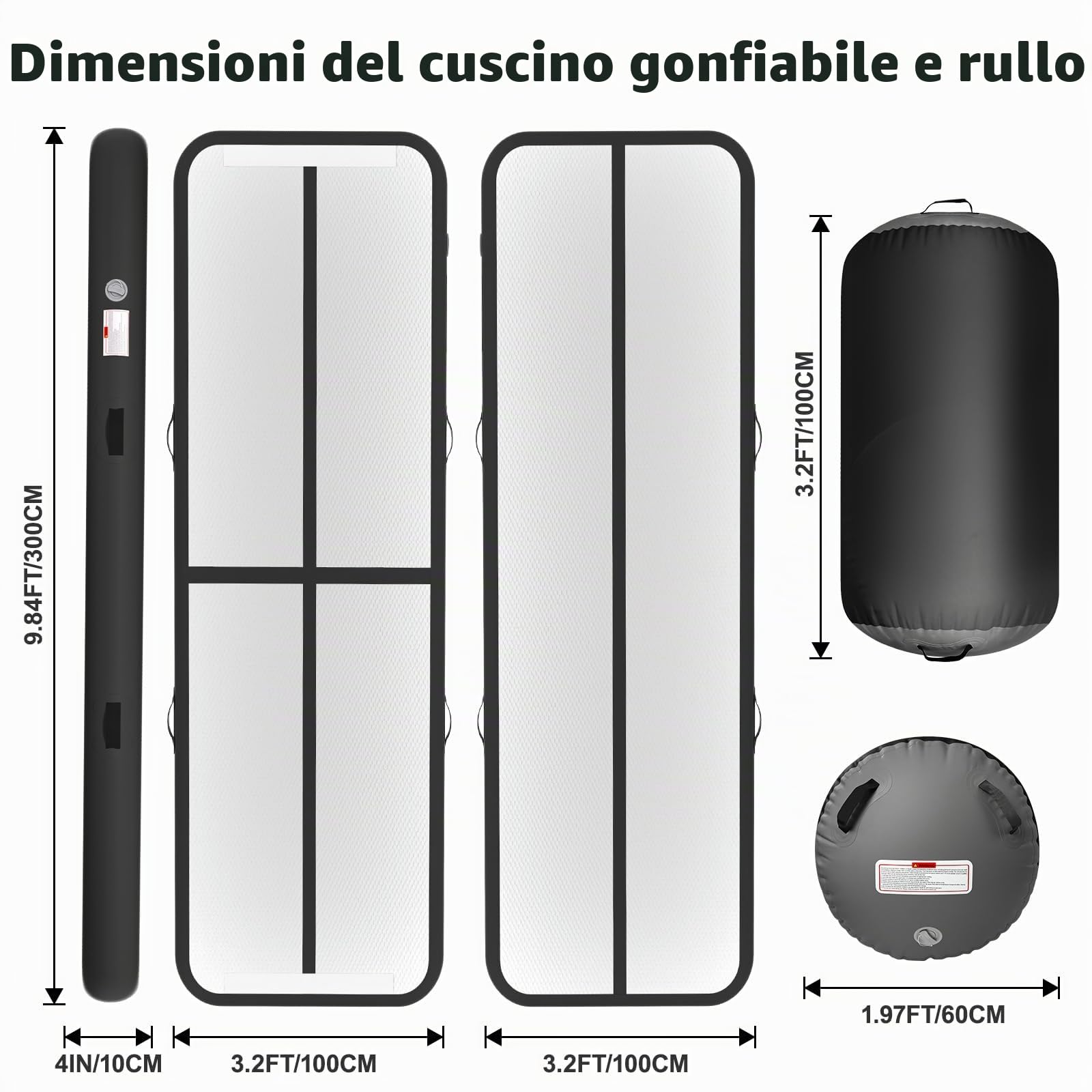 air roll ginnastica artistica con air roller,Tappeto da ginnastica da 10 cm premium con pompa ad aria | Pista per tumbling resistente 3 m/4 m con rullo gonfiabile 100x60 cm