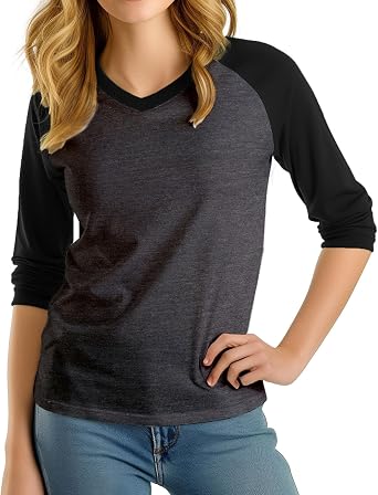 Decrum Color Block Raglan Shirt Women - Three Quarter Sleeve V Neck Tops Casual Womens Baseball Tees