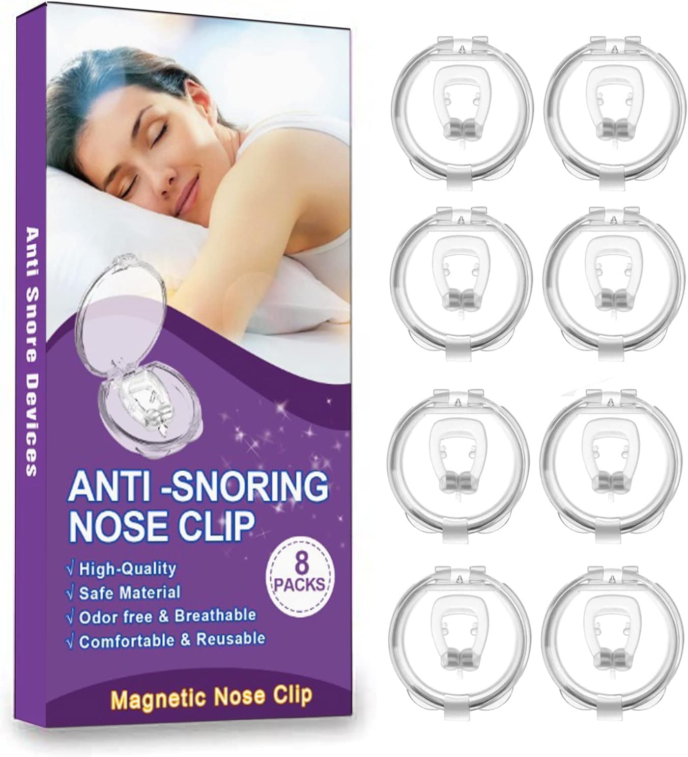 Anti Snoring Devices(8 Pack), Silicone Magnetic Stop Snoring Solution, Comfortable & Professional Anti Snoring Nose Clip for Men and Women