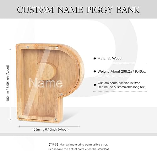 Miniatura 3 de Wooden Piggy Bank Personalized 26 English Alphabet Letter Coin Bank Custom Money Box Wooden Piggy Bank ​Gift for Kids Christmas Birthday Gift Home