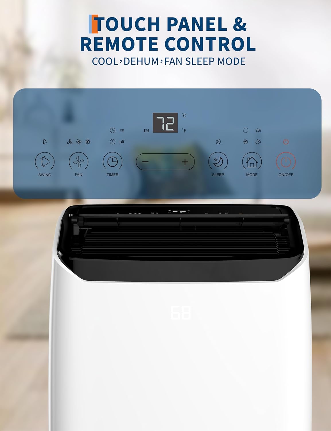 Close-up of the GarveeHome portable air conditioner's touch control panel