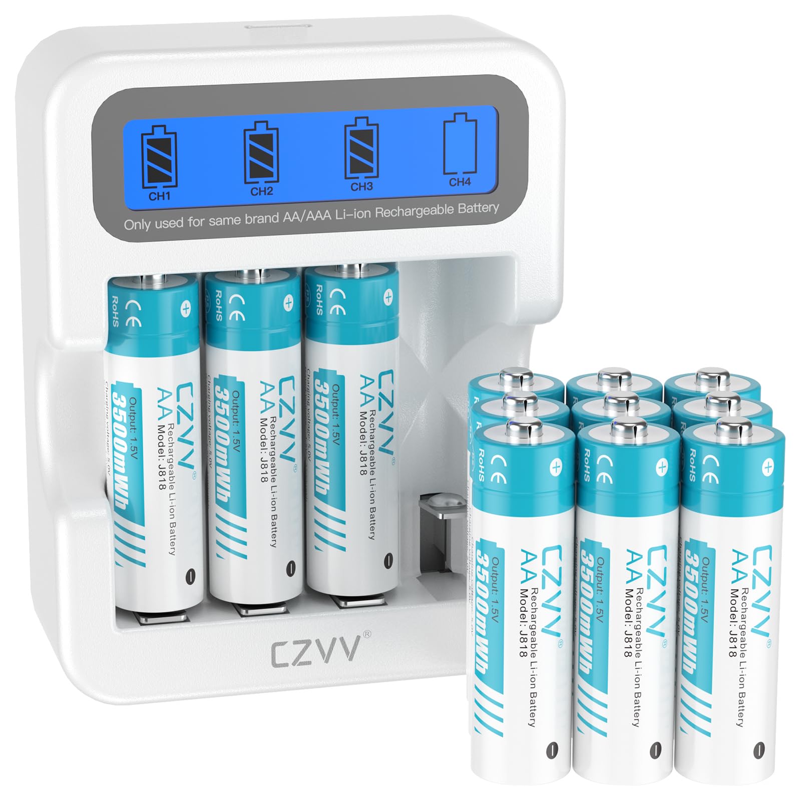 czvv AA Rechargeable 1.5V Batteries with White LCD Fast-Charger (Pack of 12)