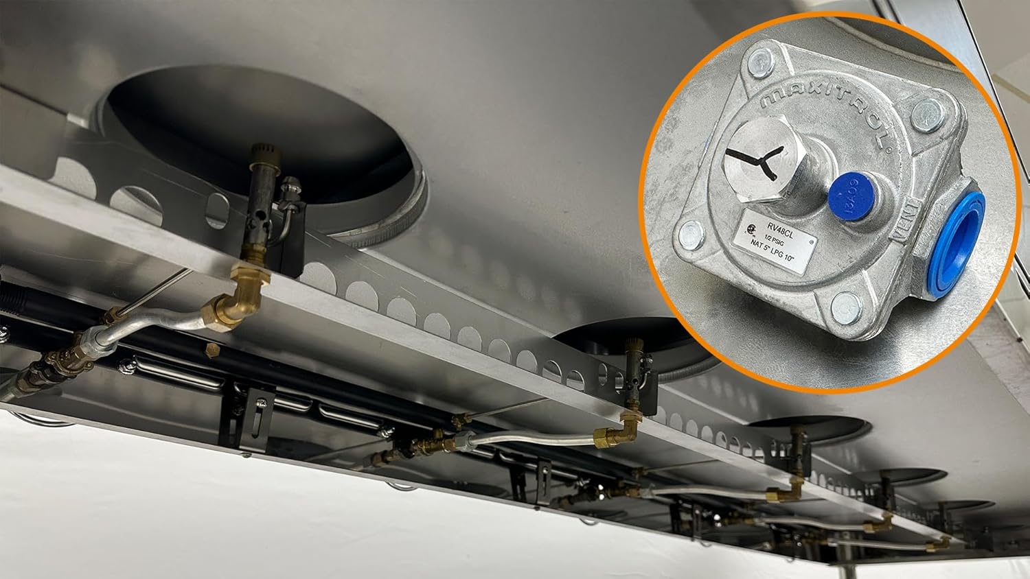 Close-up of the gas regulator and connections on the Cooler Depot CD-GBM-5