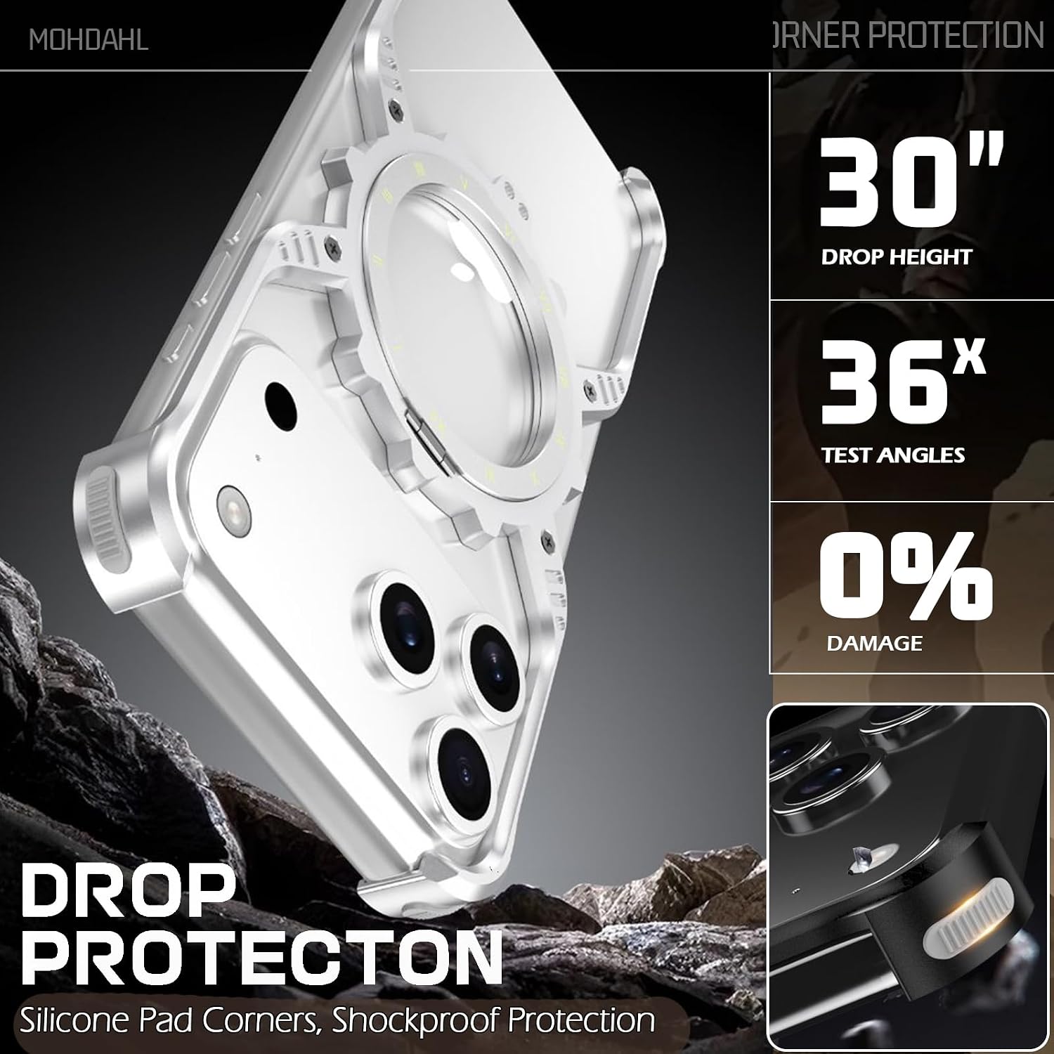 Case for iPhone 17 Pro, X Shaped Gear Design Metal Case Aluminum Alloy Frame with 360 Rotation Kickstand Shockproof Corner Protection Luminous Night Glow Cover, Black