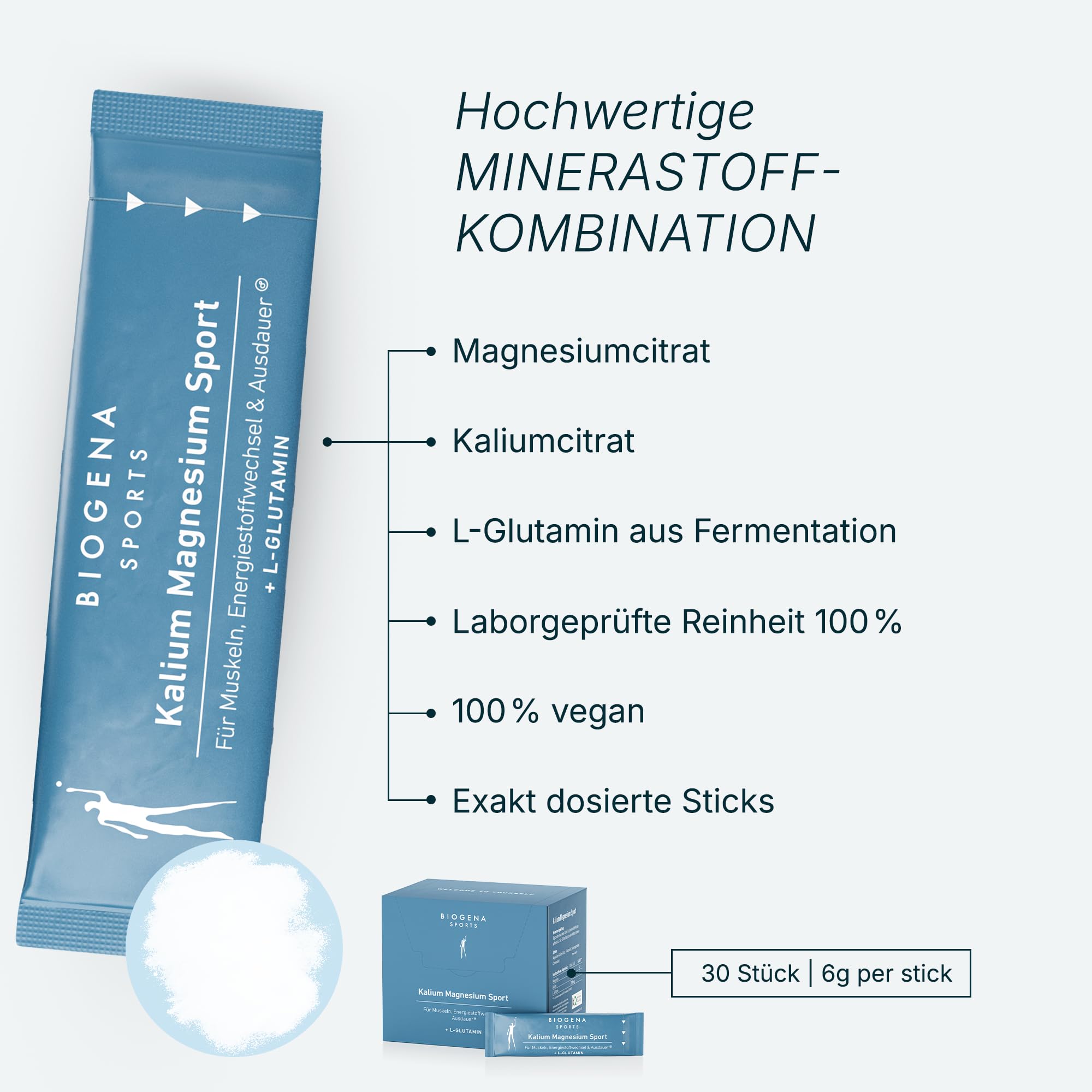BIOGENA SPORTS - Magnesium + Kalium Sport Nahrungsergänzungsmittel - Elektrolyt-Pulver mit L-Glutamin 30 Sticks - mit Kalium & Magnesium zur Unterstützung von Muskeln & Energiestoffwechsel