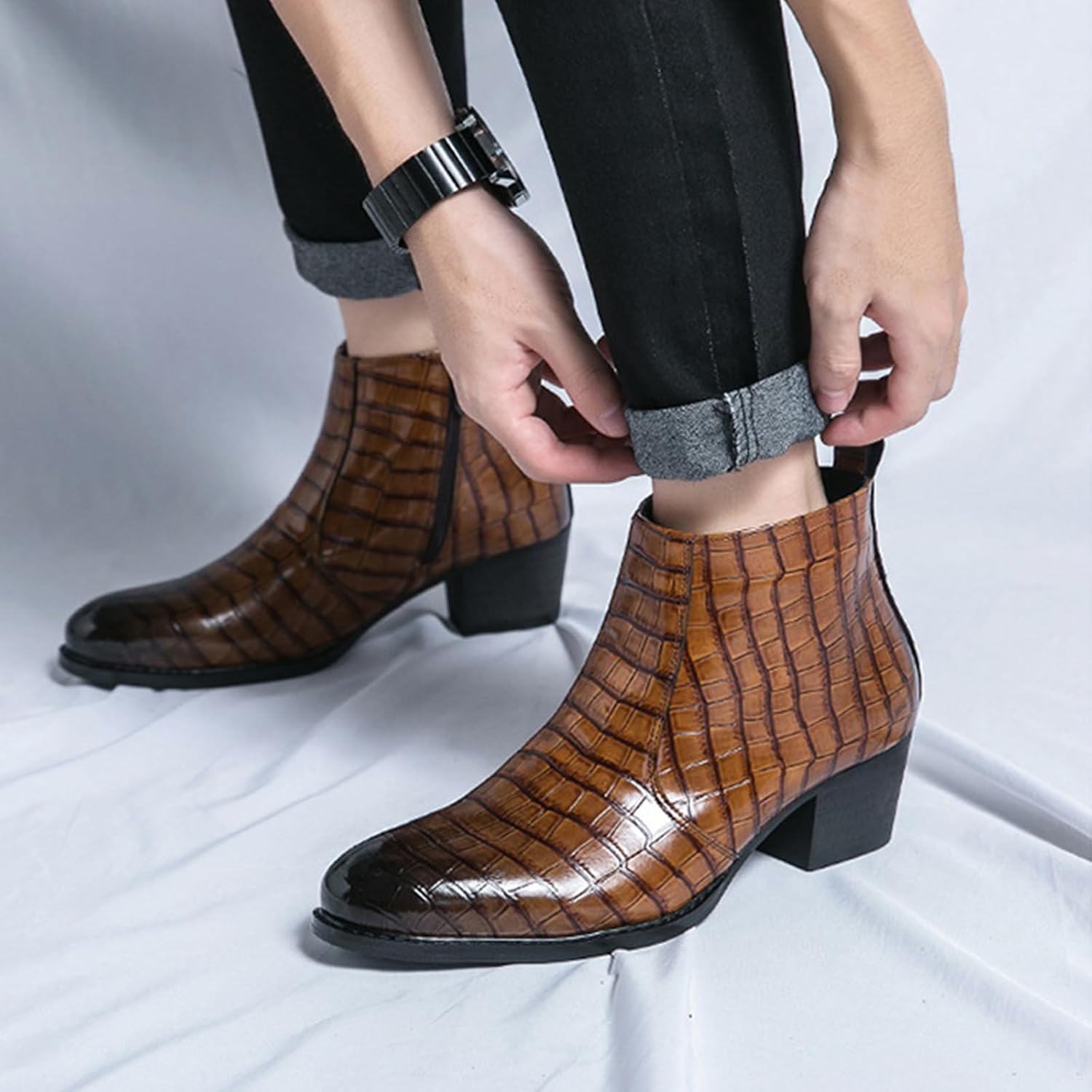 Men's Gradient Patent Leather Print Business Chelsea Boots with Side Zipper, Retro Pointed Toe Low Chunky Heel Non-Slip Formal Short Boots for Business Work Party Ankle Boots