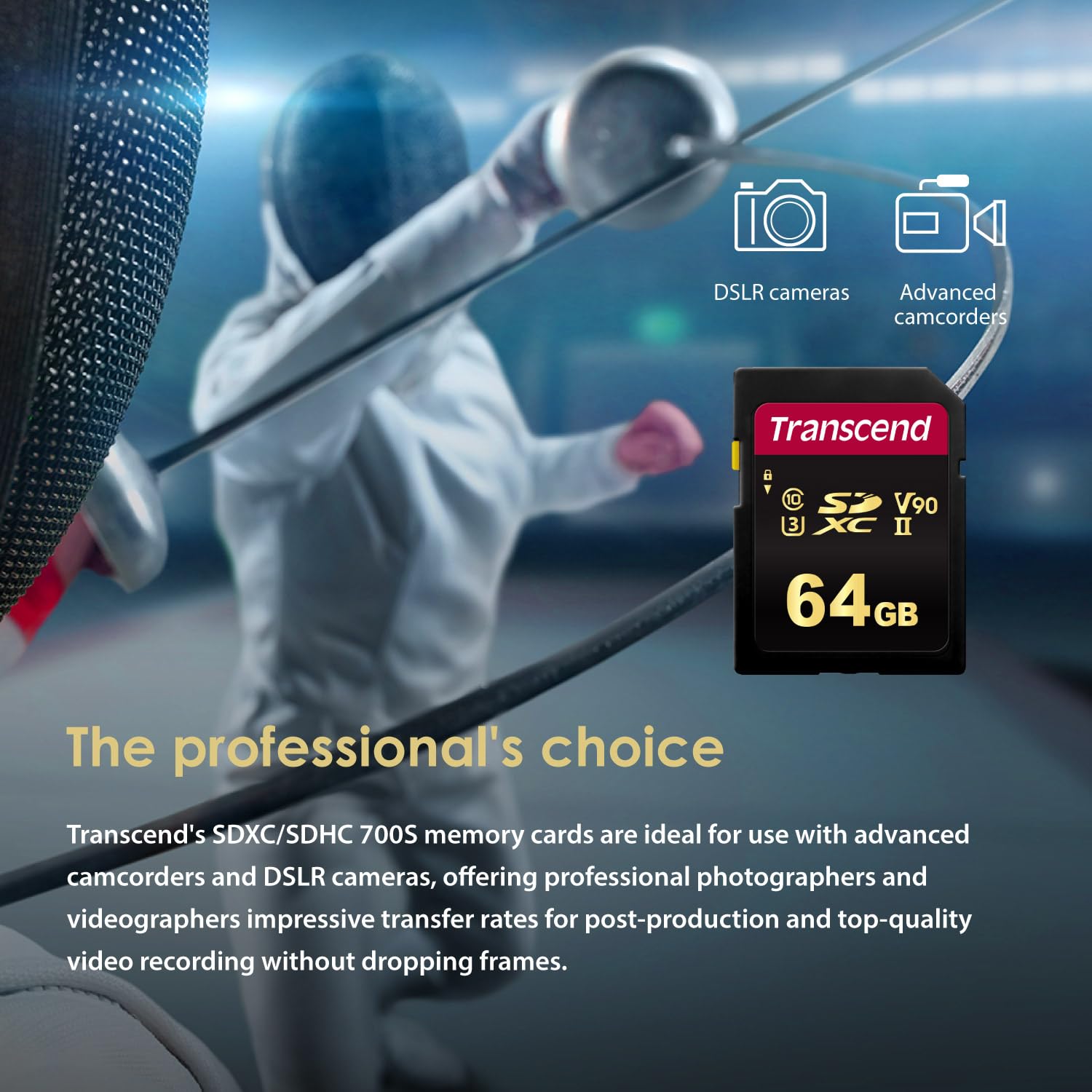 Transcend 64GB SDXC 700S Memory Card UHS-II, C10, U3, V90, 8K, Ultra HD, hasta 285/180 MB/s, diseñada para cámaras DSLR y videocámaras avanzadas TS64GSDC700S