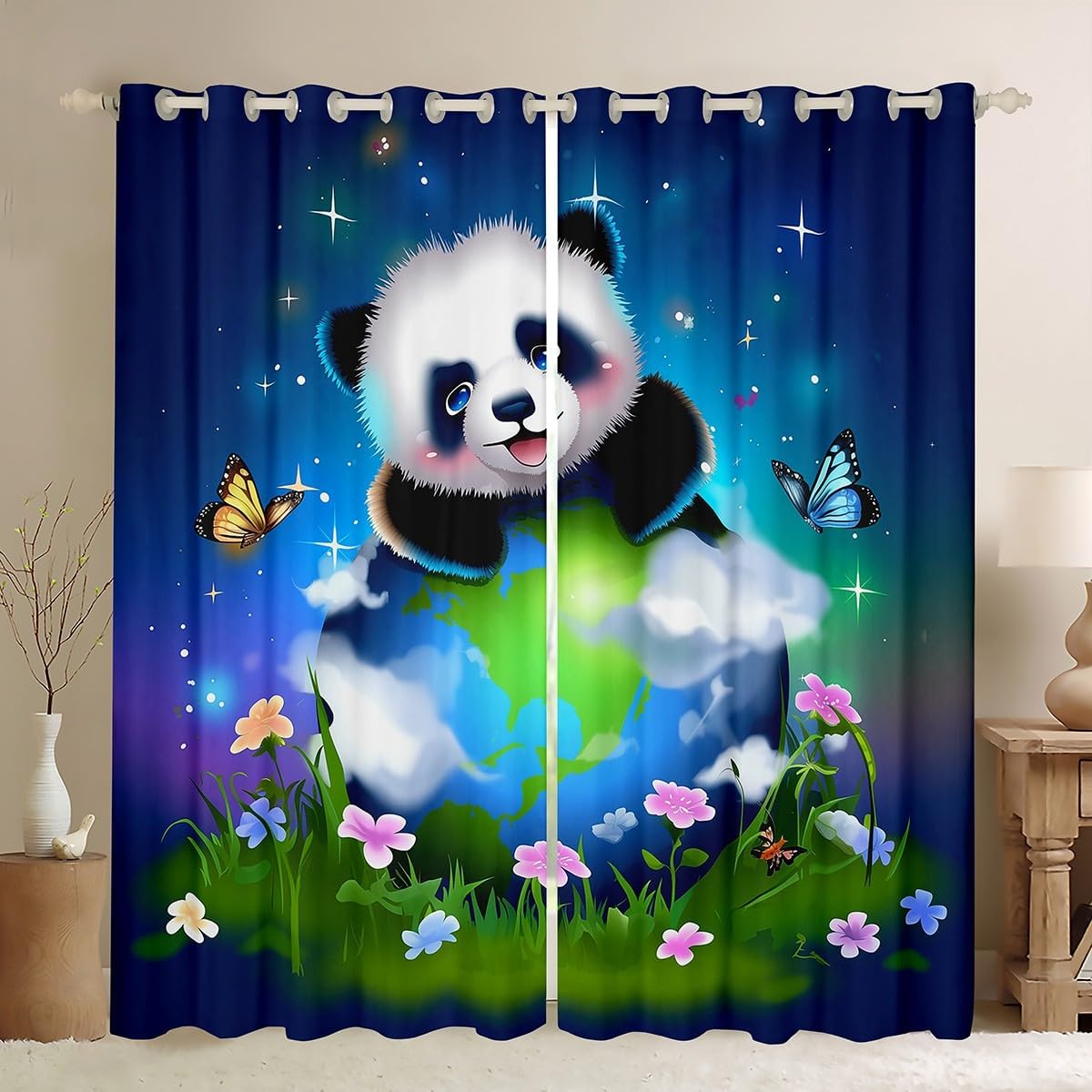 Panda Curtains for Kids Boys Girls Kawaii Bedroom 38" Wx54 L Cute Black White Music Panda Blackout Window Curtains Headset Musical Note Curtains & Drapes Animal Window Treatments 2 Panels Blue Black
