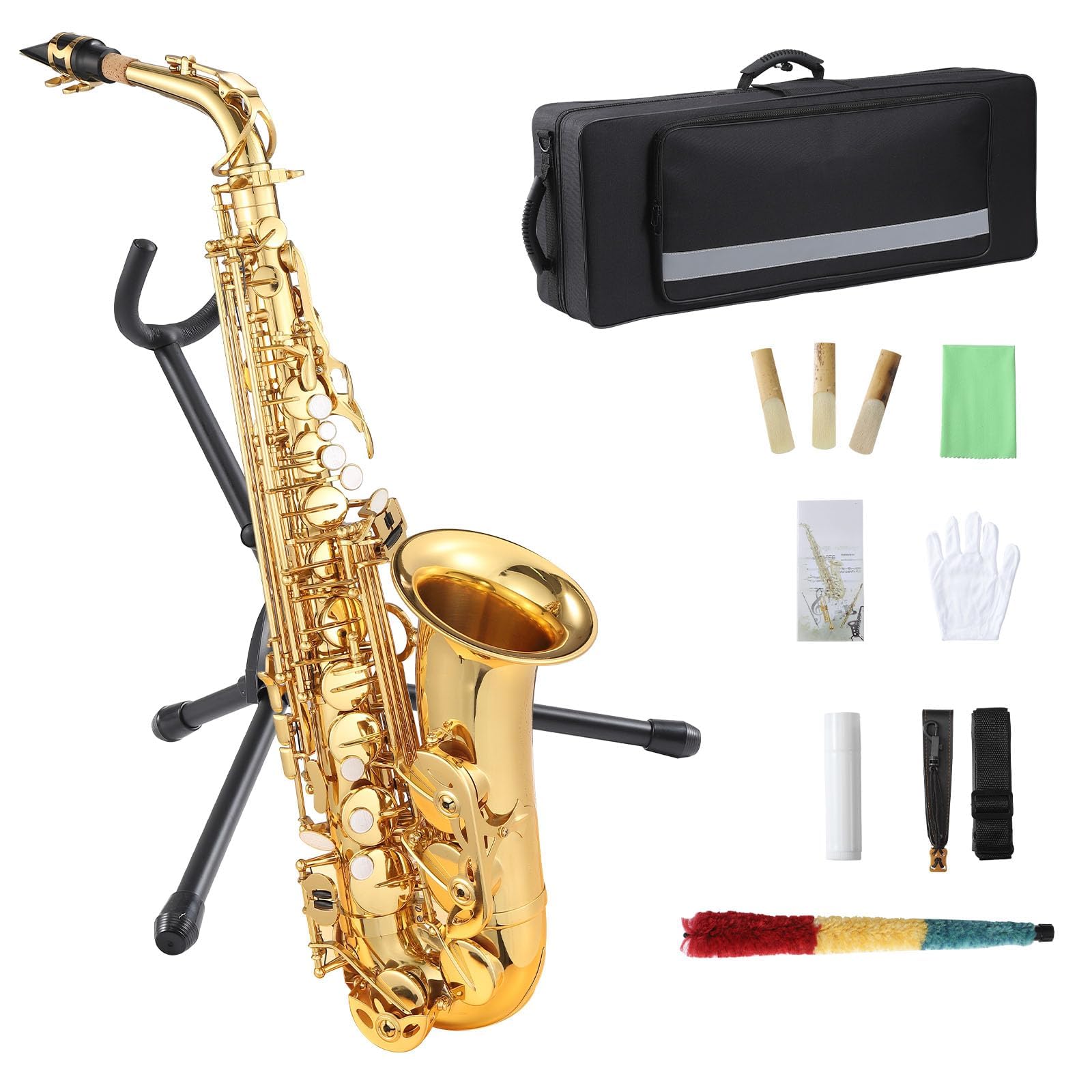 Beginner Eb Saxophone Flat Alto Saxophone, Eb Alto Saxophone, AS-100 Alto Saxophone With Mouthpiece, Reeds, Stand, Case, Cleaning Cloth, Gloves and Brush, Gold Alto for Student Musicians
