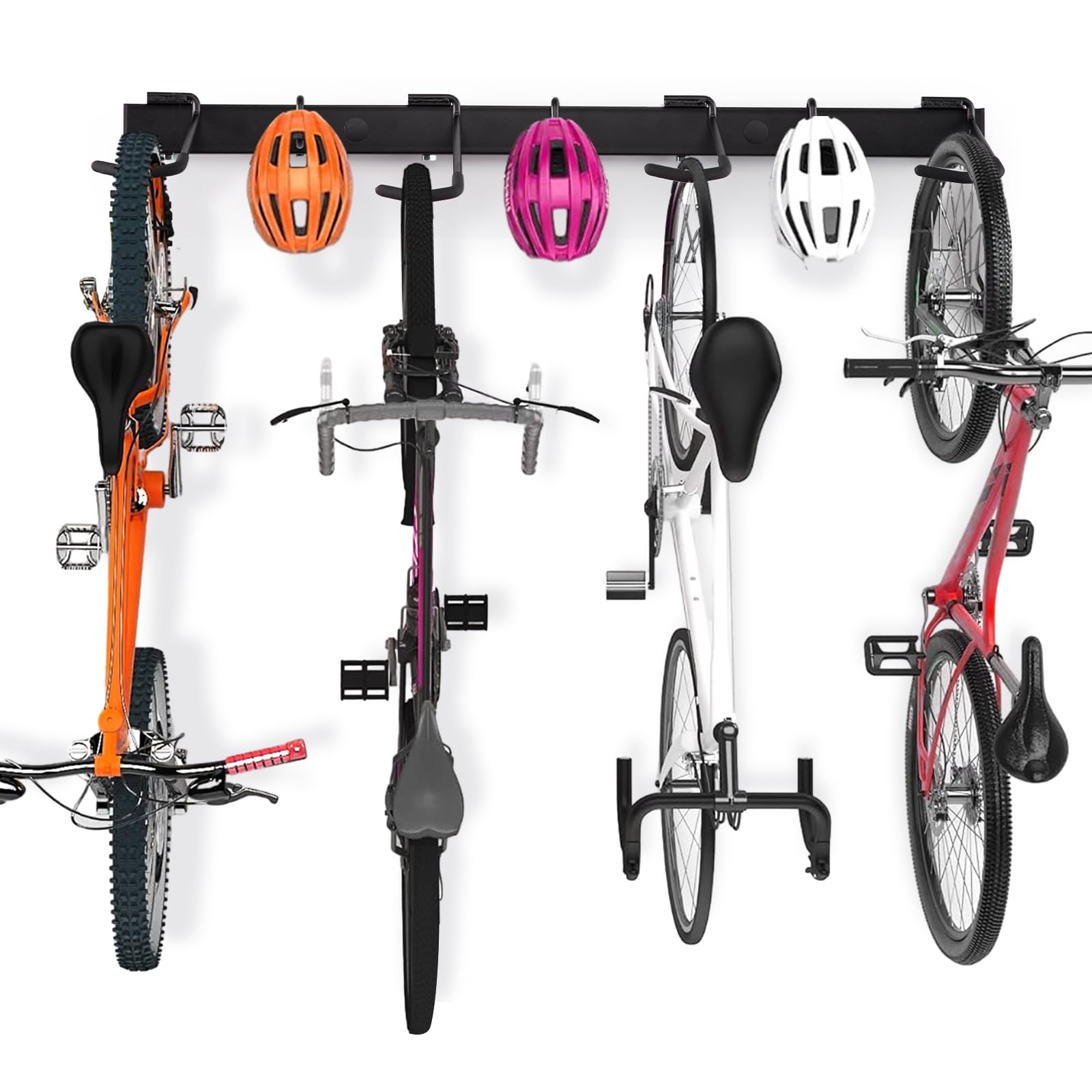 Bike Storage Rack, 4 Bike Racks and 3 Helmets Hooks, Wall Mounted Bike Storage Rack, Max capacity 240lbs