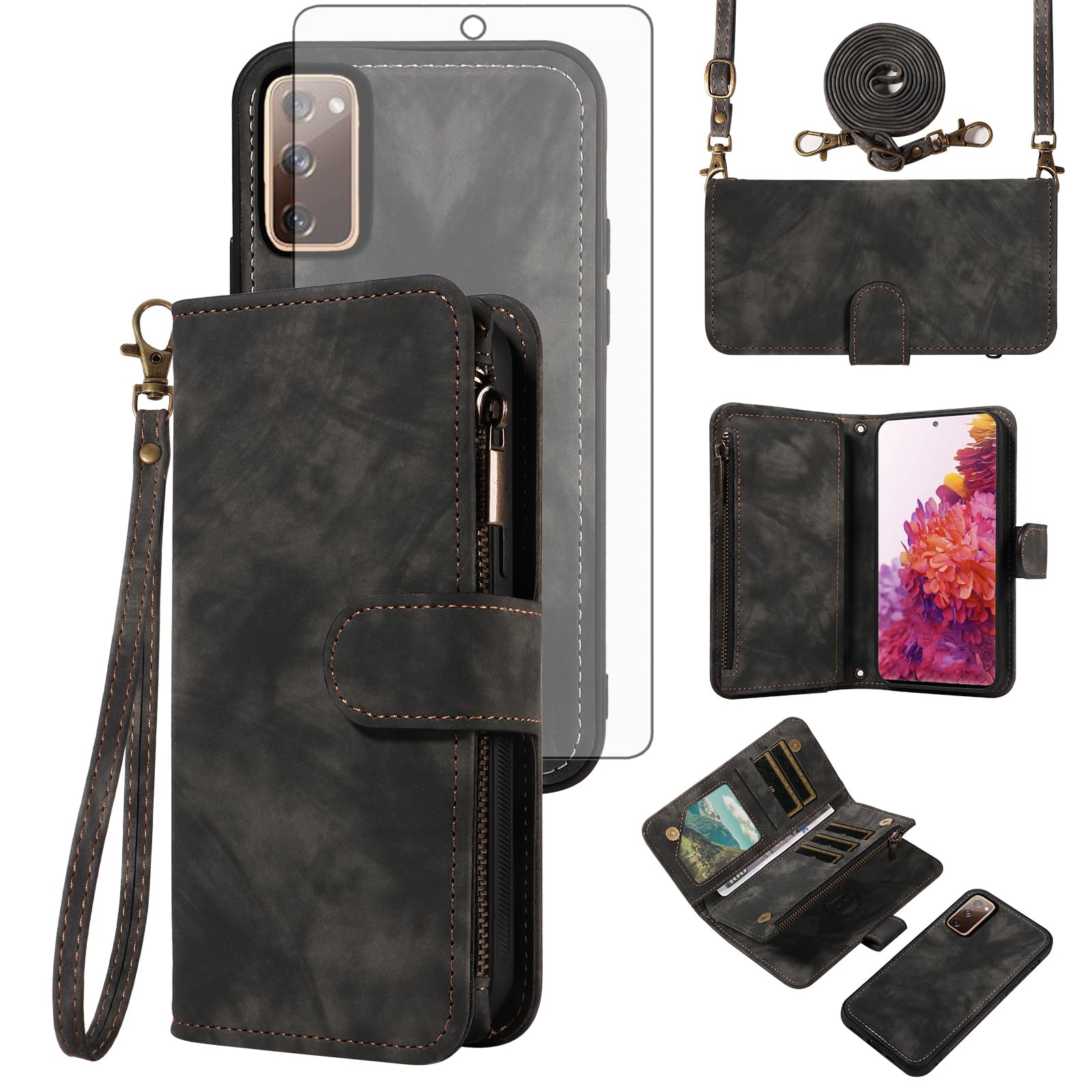Asuwish Étui de téléphone pour Samsung Galaxy S20 FE 5G 6,5" avec fermeture éclair et sangle de protection d'écran à rabat et porte-cartes de crédit S 20 EF UW 2022 S20FE5G S20FE 20S S2O Fan Edition