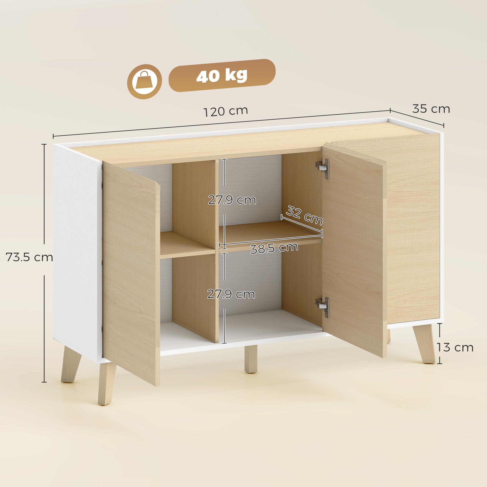 HOMCOM Credenza Cucina, Mobile Cucina con 3 Ante Soft-Close, 6 Scomparti, Base Rialzata, Stile Nordico, Mobile Buffet per Soggiorno, Sala da Pranzo, 120x35x73.5 cm, Color Legno e Bianco