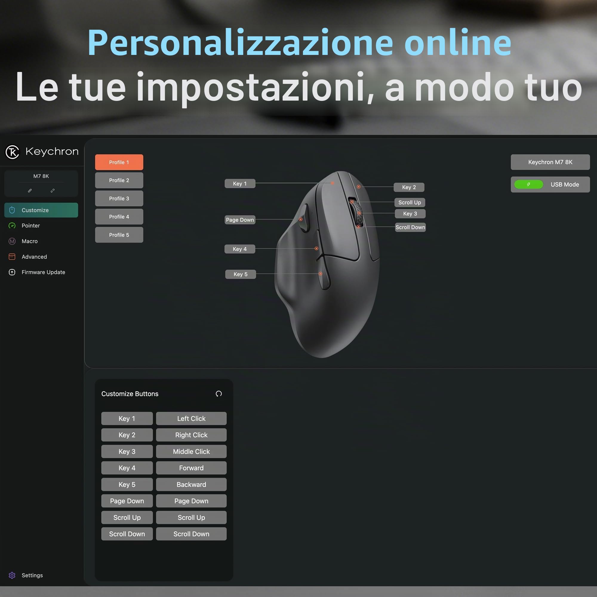 Keychron M7 Mouse Gaming Wireless 8K Polling Rate – Ultra-Leggero 63 g, Sensore PixArt 26.000 DPI, Tri-Mode (2.4G/Bluetooth/Cavo), Tasti Programmabili, Bianco