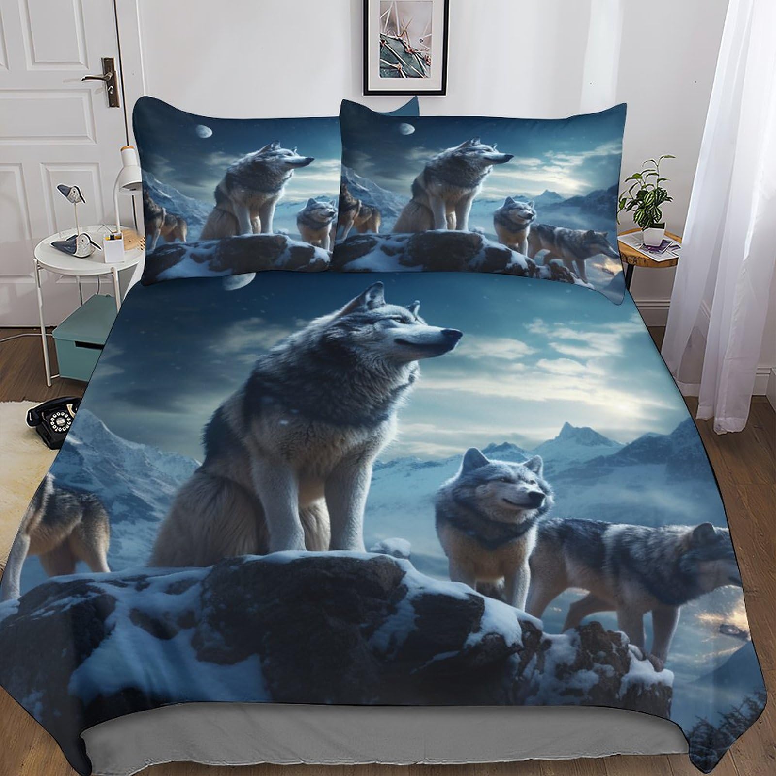 Housse de couette loup galactique 3D 200x200cm en microfibre avec taie d'oreiller