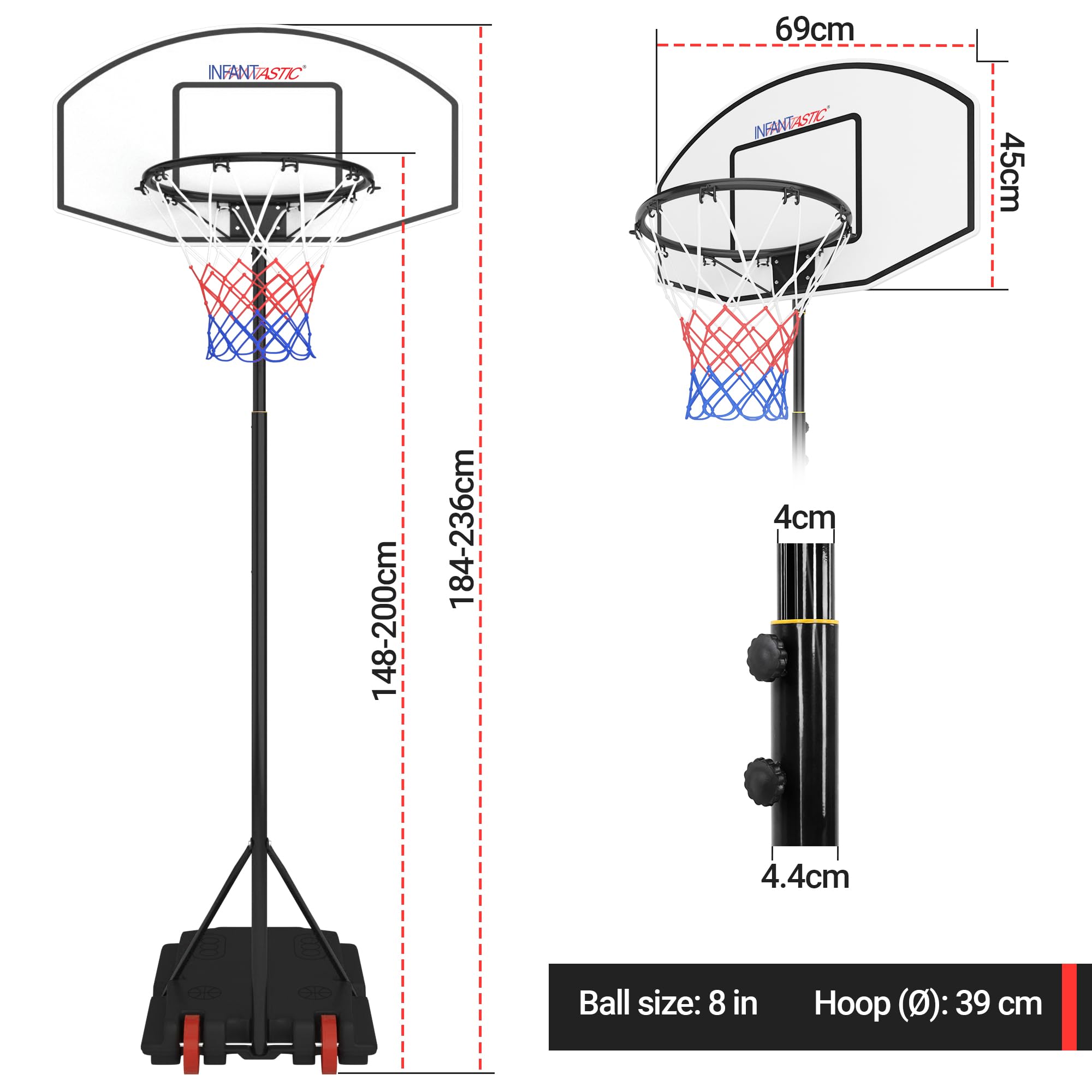Infantastic® Panier de Basket - Extérieur/Intérieur, Hauteur Réglable 148-200 cm, Portable, avec Ballon et Pompe à l'Air, Rouge ou Noir - Panneau de Basket sur Pied, pour Enfant