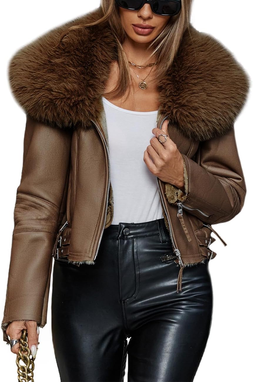 Bellivera Women's Faux Leather Jacket Moto Biker Sherpa-Lined Coat with Removable Fur Collar