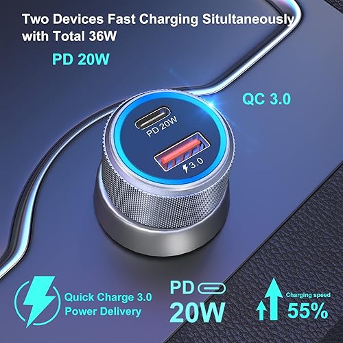 Miniatura 2 de Bangfun - Paquete de 5 cargadores USB C para automóvil, adaptador de cargador de coche dual USB de 36 W, carga rápida, PD&QC 3.0, cargador USB