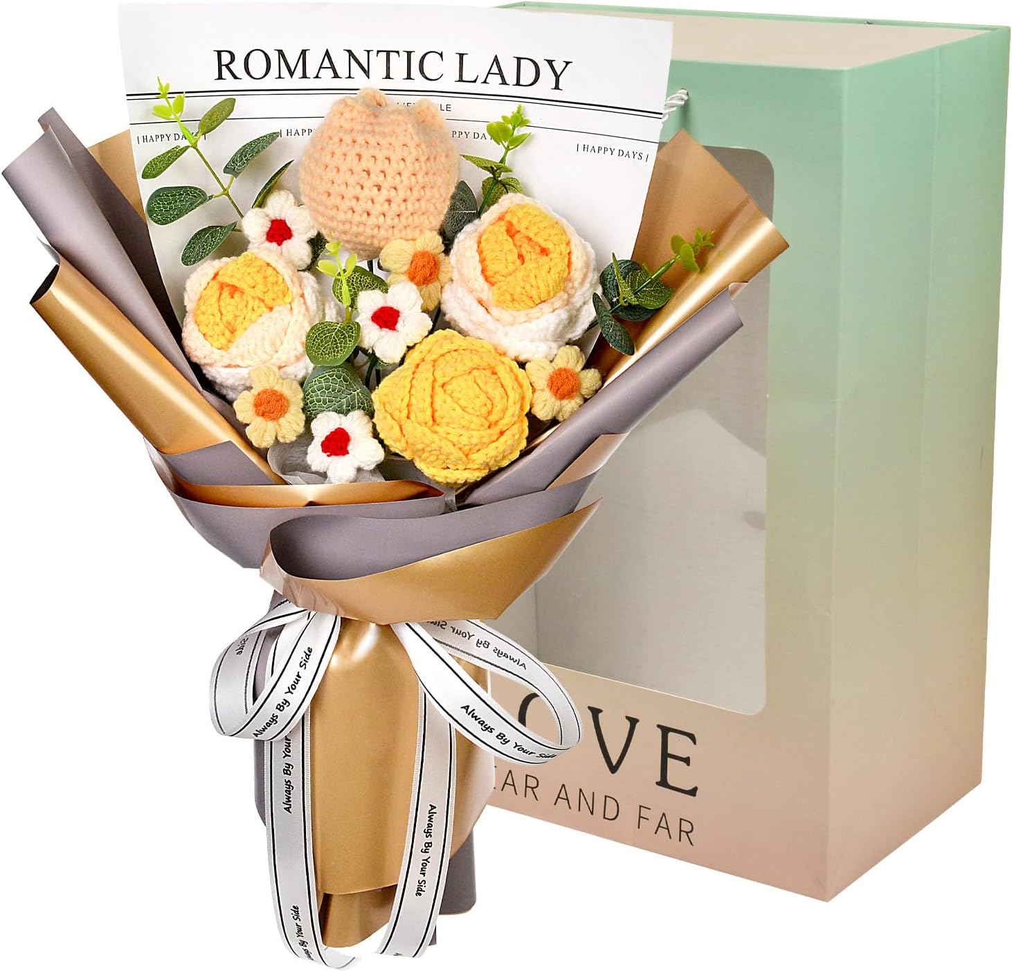 Knitted Flowers Bouquet, Crochet Rose Tulip Daisy Bouquet for Mother's Day, Father's Day, Birthday, Teacher Appreciation, Gifts for Mom, Dad, Teachers, Yellow B: Yellow