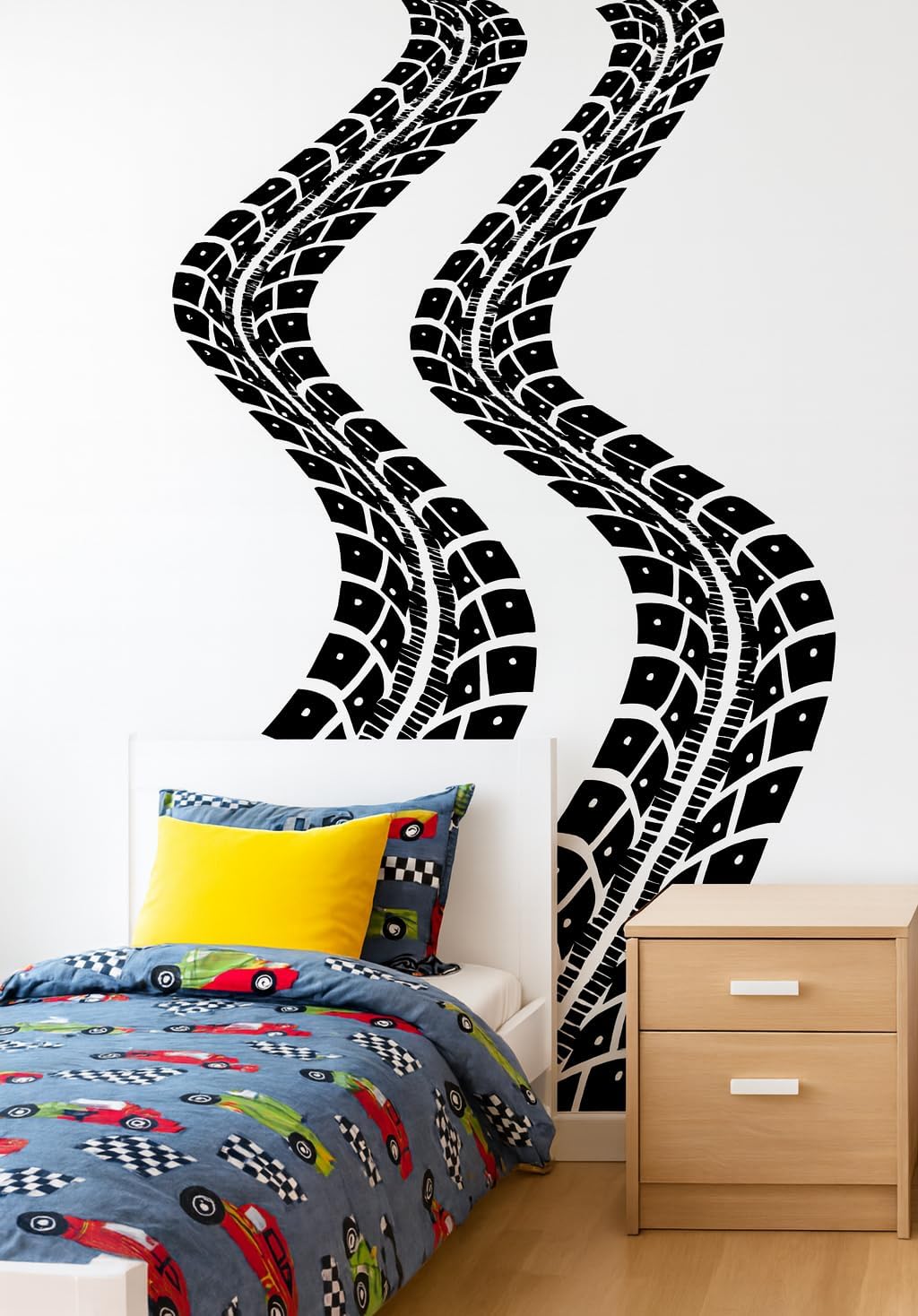 Tire Tracks Wall Decal for Kids Room – Racing Tire Mark Wall Sticker – Car Theme Bedroom, Nursery & Playroom Decor – Race Track Wall Art for Children & Boys Rooms