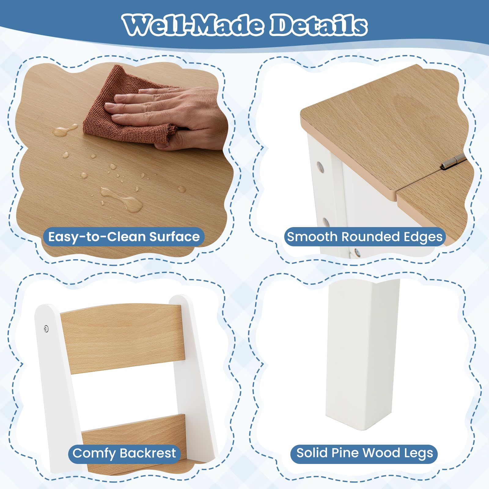 GOPLUS Mesa de Arte 2 en 1 con 2 Sillas, Juego de Sillas para Niños con Tablero de Mesa Plegable, Portarrollos de Papel, Barras de Presión y Estantes, Juego de Muebles Infantil (Natural)