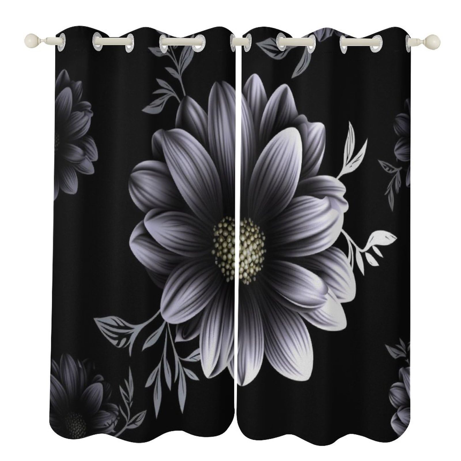 Rideaux occultants contre la chaleur et la lumière : floral noir 132x213