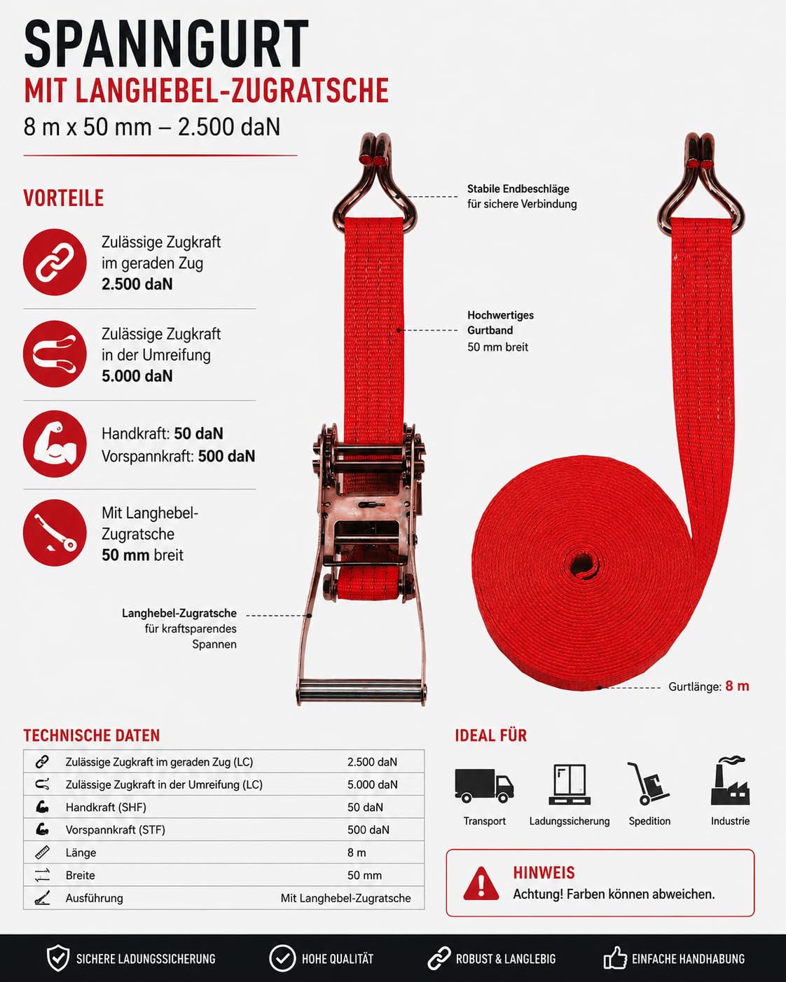 IWETEC System 2500 Zurrgurt 2-teilig mit Ratsche, 8 m x 50 mm, LC 2500/5000 daN, Profi-Spann- und Ladungssicherungsgurt, Langhebelratsche, EN 12195-2