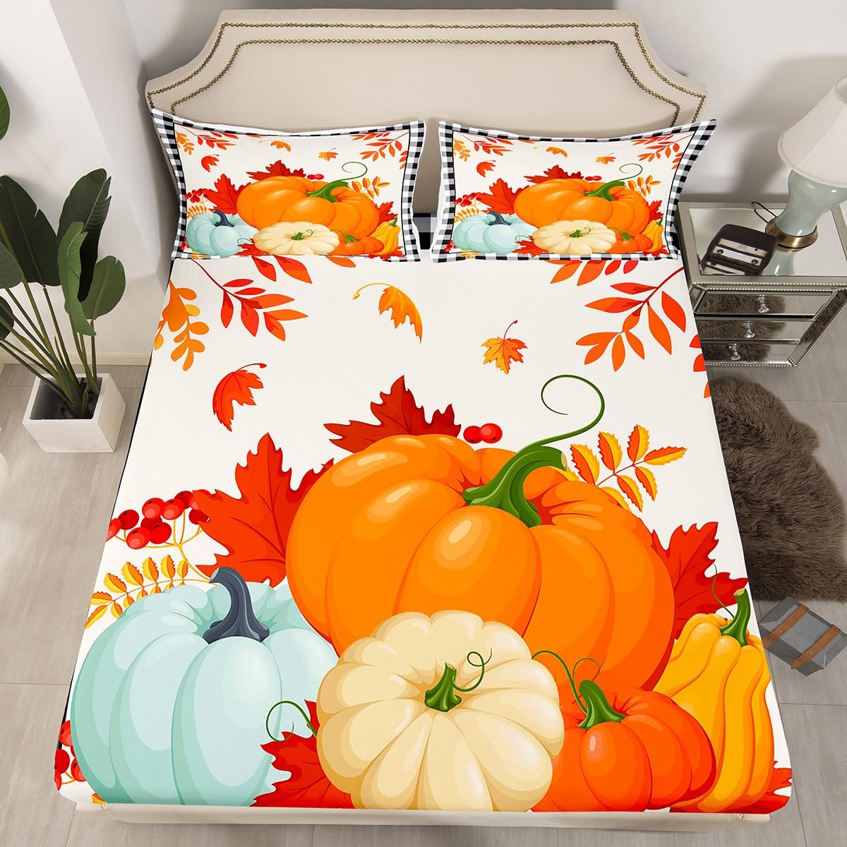 Fall Harvest Pumpkin Fitted Sheet King, Pumpkin Maple Leaves Bed Sheet Set Happy Harvest Season Bedding Set for Boys Girls Geometric Plaid Bed Cover Room Decor Lightweight Bed Set (No Flat Sheet)