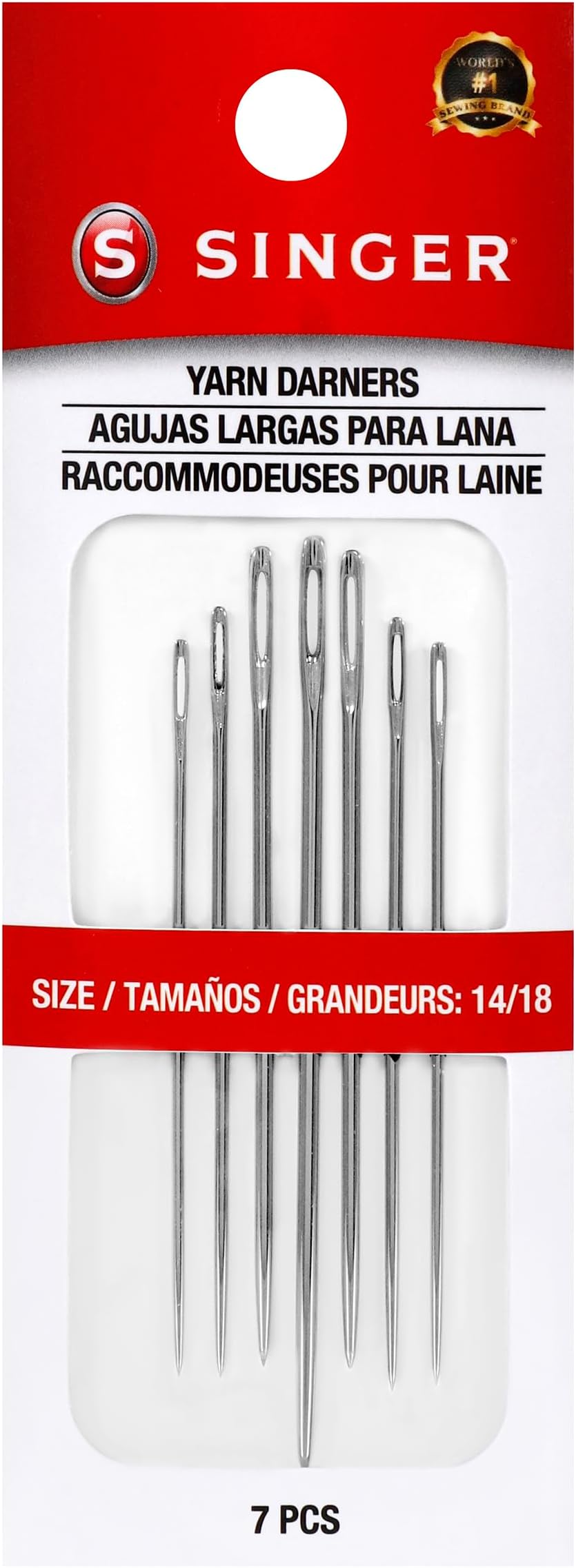 SINGER Yarn Darner Hand Needle Set - Assorted Sizes 14/18, Ideal for Fabric Mending, Sharp Points, Long Eyes, Durable Sewing & Crafting Needles, 7pc