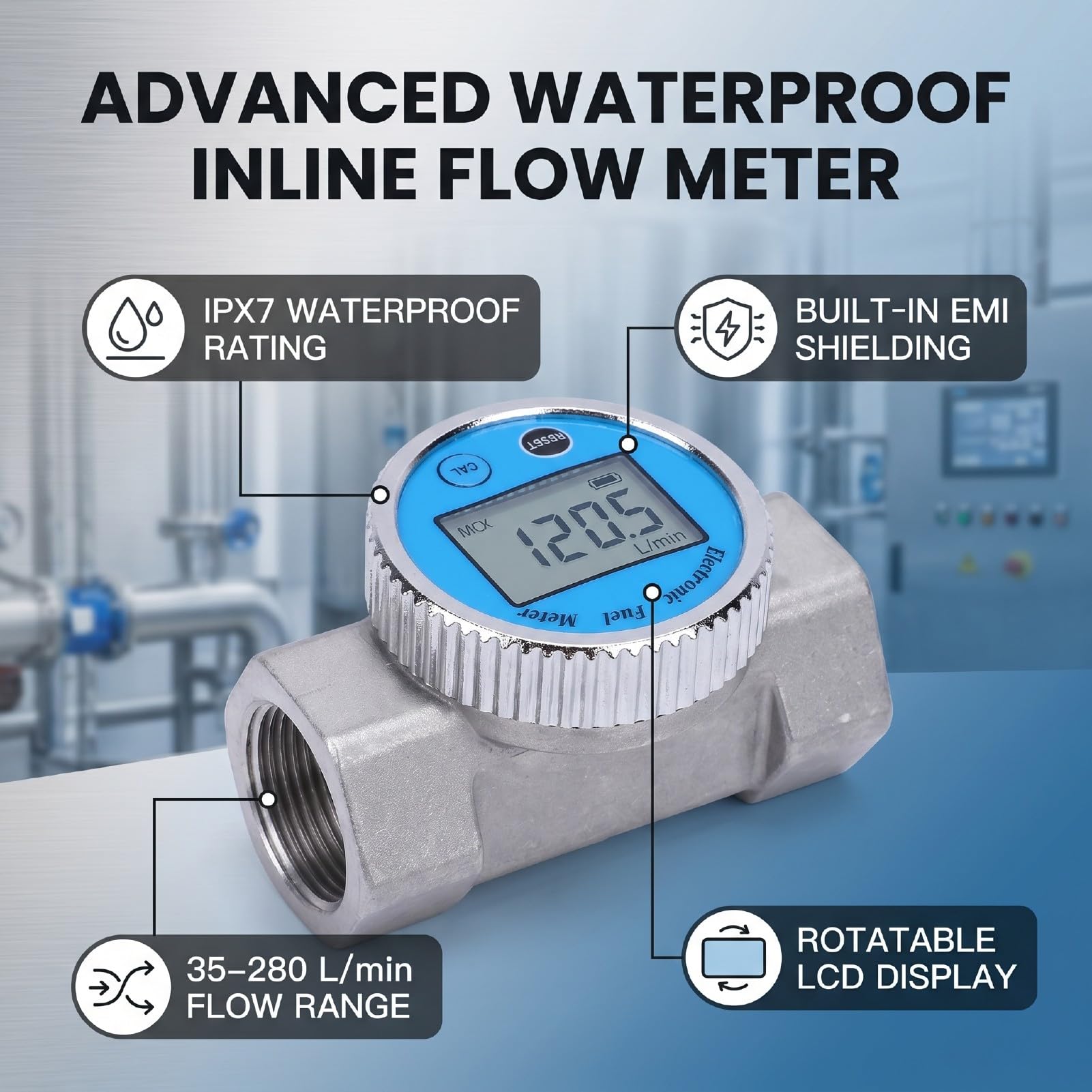 Tangxi Przepływomierz Cyfrowy 35-280L/min, 1.5 NPT, LCD Display, do Wody | Water Proof Flow Meter for Fuel and Chemicals, Aluminum and PP, IPX7, Female Thread