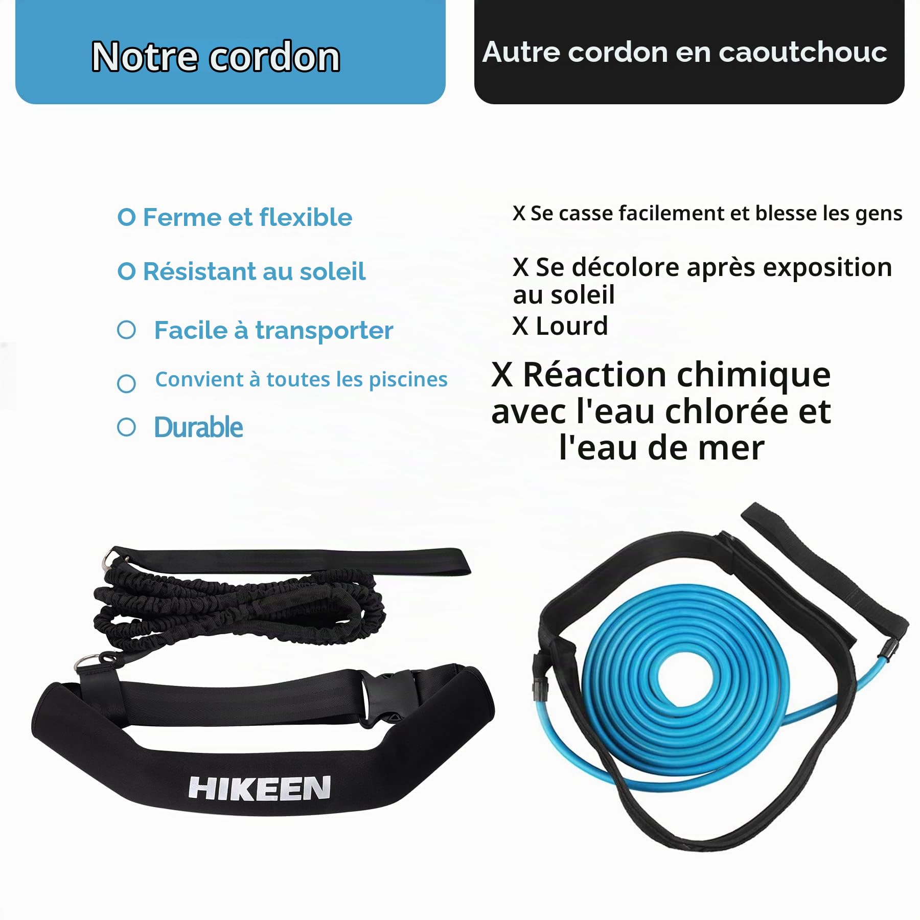 Hikeen Ceinture d'entraînement de Natation, Sangle de 4 m pour Nager en Place, Harnais Stationnaire, Ceinture de résistance Aquatique