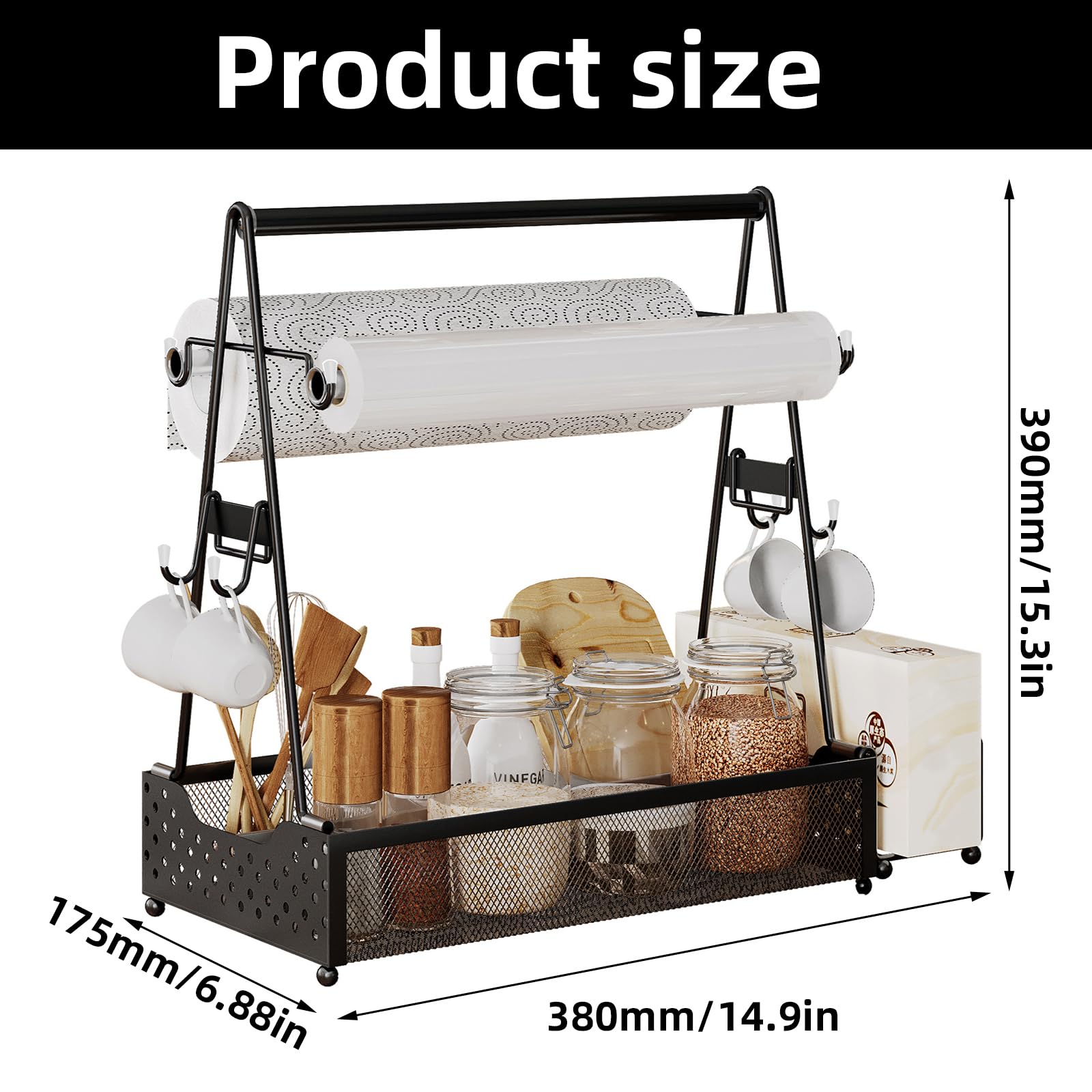 Carrito para barbacoa, recipiente para utensilios de barbacoa, con soporte para toallas de papel y 4 ganchos, organizador de especias para camping, cocina