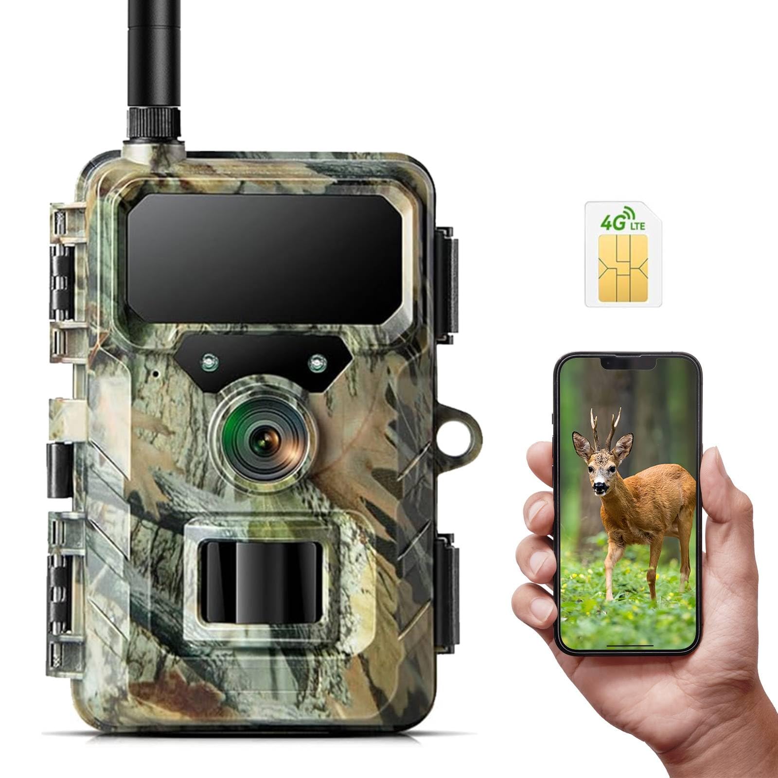 Caméra de Chasse 4G connectée, Carte SIM, Application, 32 MP, 1080P, IP66 | Vision nocturne infrarouge, détection PIR, 2 LED 850 nm, accès via application – forêt, terrain, chasse et faune sauvage