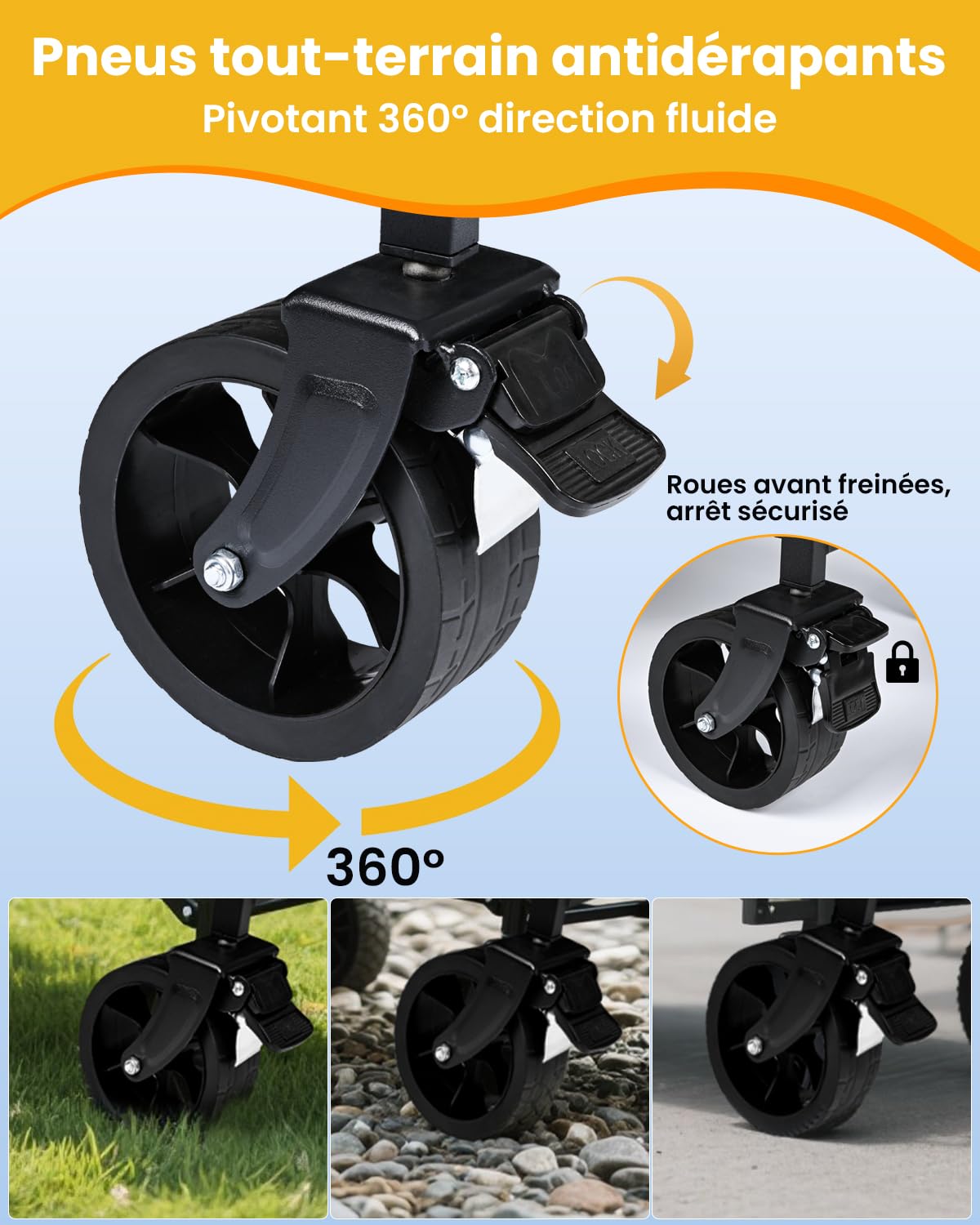 YEAUPE PRO Chariot de Plage Pliable Capacité Max. 125L 100KG, Chariot de Transport à roulettes Tout Terrain Poignée Réglable Charrette pour Extérieur Camping Pique, avec Poche intérieure