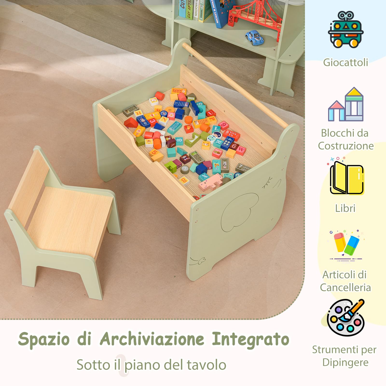 RELAX4LIFE Set Tavolo e Sedia 2 in 1 per Bambini, Scrivania in Legno con Piano Bifacciale Rimovibile, Ampio Spazio Archiviazione, Design Multifunzionale per Camera dei Bambini (Verde+Naturale)