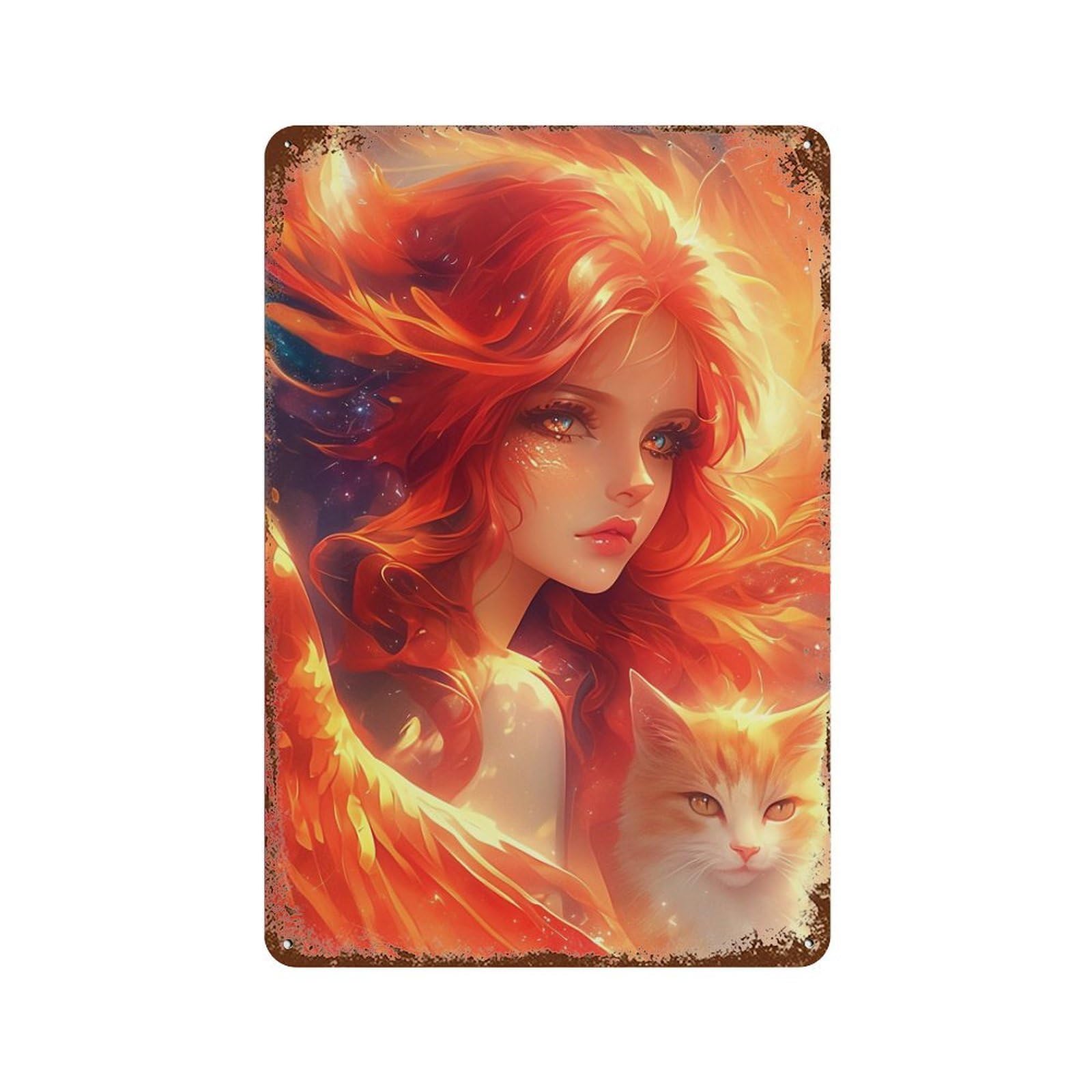 Retro Metal Sign Phoenix Woman with Cat -1 11.8"x7.9", Decorative Metal Wall Art for Pub, Kitchen And Man Cave Decor