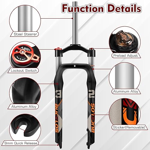 Miniatura 4 de BUCKLOS 26 x 4.0 pulgadas Fat Tire MTB Horquilla de suspensión, 3.937 in cubo de espaciado de viaje 5.315 in 1 18 tubo recto Bloqueo manual 0.354 in