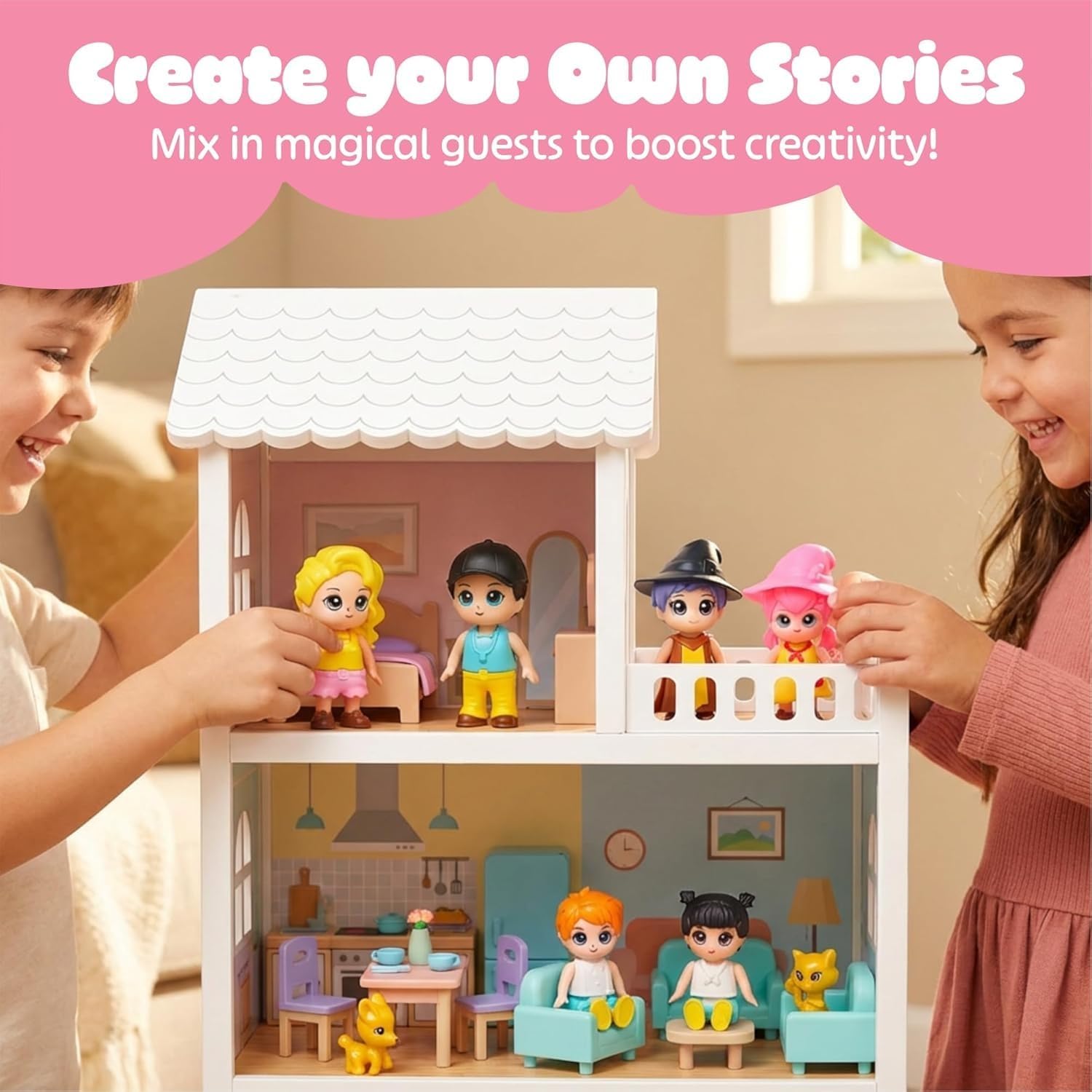 FUNERICA Dollhouse Family Figures & Pets – Poseable Family Dolls Set – Miniature Dollhouse People - Compatible Doll House Accessories for 1:12 & 1:24 Wooden & Plastic Dollhouses + Bonus Figures