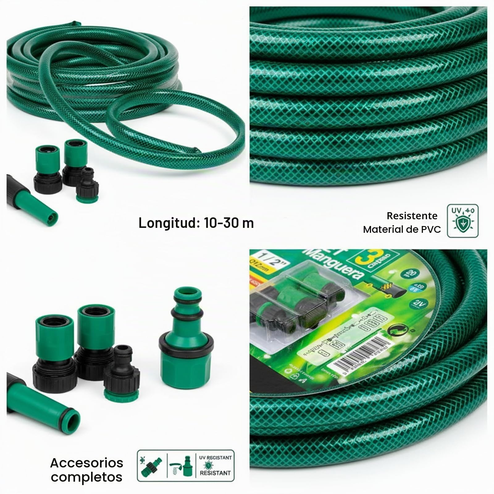 YIJIA | Manguera de jardín - Set Manguera con Conexión y Boquillas para Riego Reforzada 3 Capas, Presión de rotura de 20 bar - Diámetro Ø1/2" (12mm), Verde, Longitud de 30 Metros
