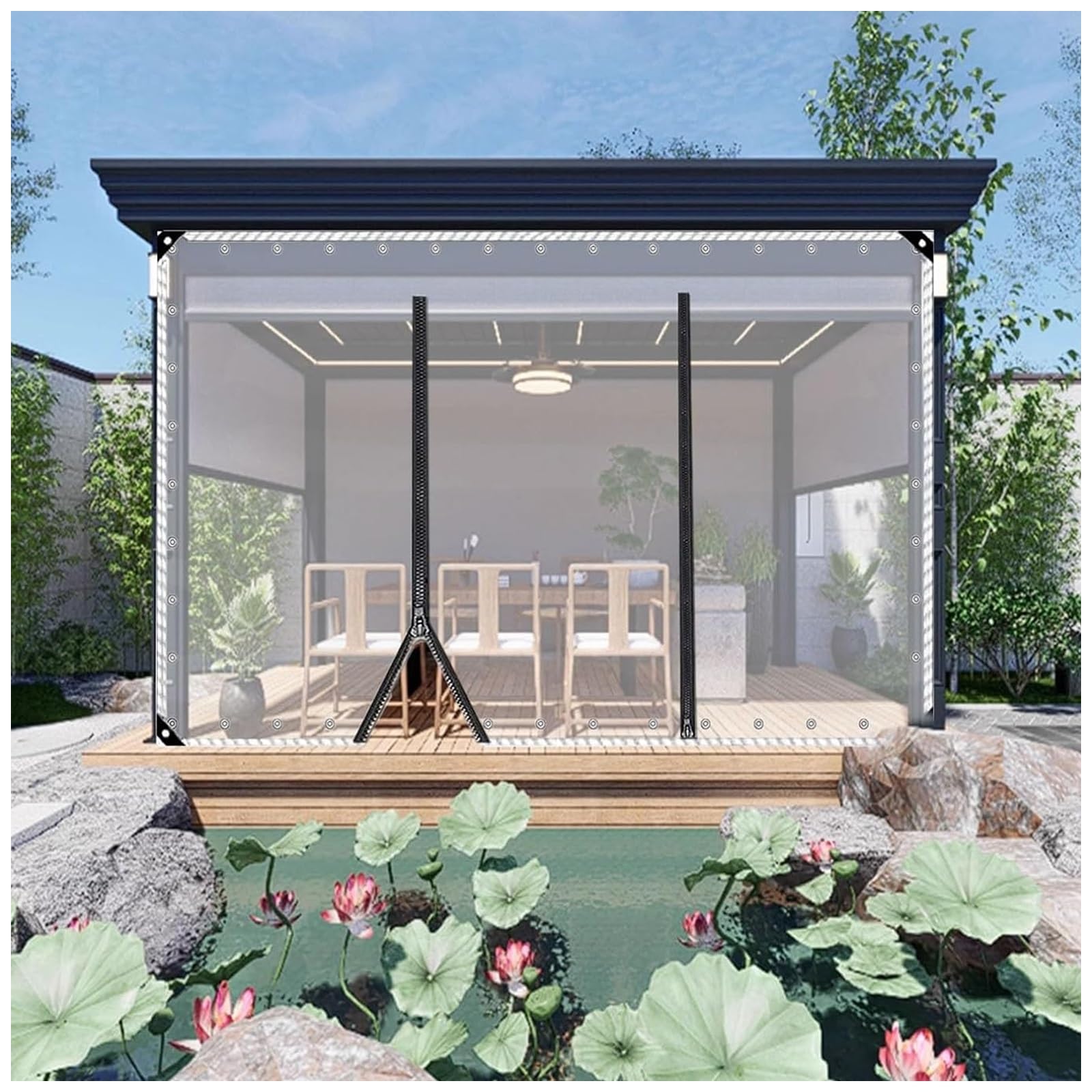 Transparent Tarpaulin Waterproof, Curtains for Patio with Zip Door Enclosure Outdoor Tarp Heavy Duty Waterproof Rain Snow Wind Curtains for Gazebo Garden, Pergola, Porch(H2.3xW2.5m/H7.5xW8.2ft)