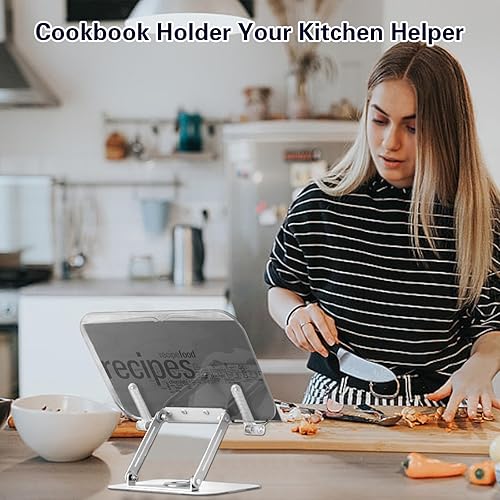 Miniatura 3 de Favonuovy Soporte de libro para leer manos libres, soporte acrílico para libros de cocina con base giratoria de 360 y clips de página para libro de