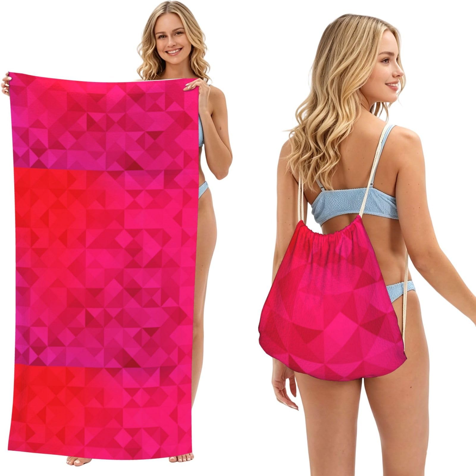 Poadnly As Picture Fuchsia Triangle Geometric, 2 In 1 Packable Towel Bag, Beach Towels With Drawstring Backpack For Travel Holiday Camping