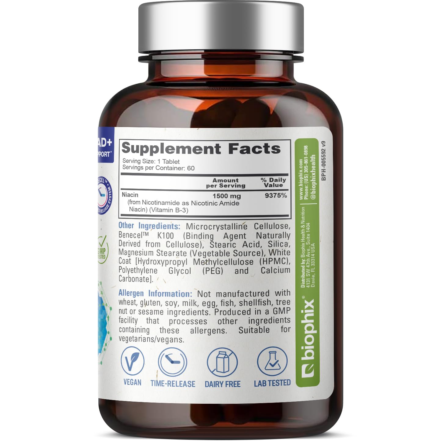 biophix B-3 Nicotinamide 1500 mg 60 Tablets Maximum Strength - Nicotinic Amide Niacin Natural Flush-Free Vitamin Formula - Supports Skin Cell Health — Amazon image 3