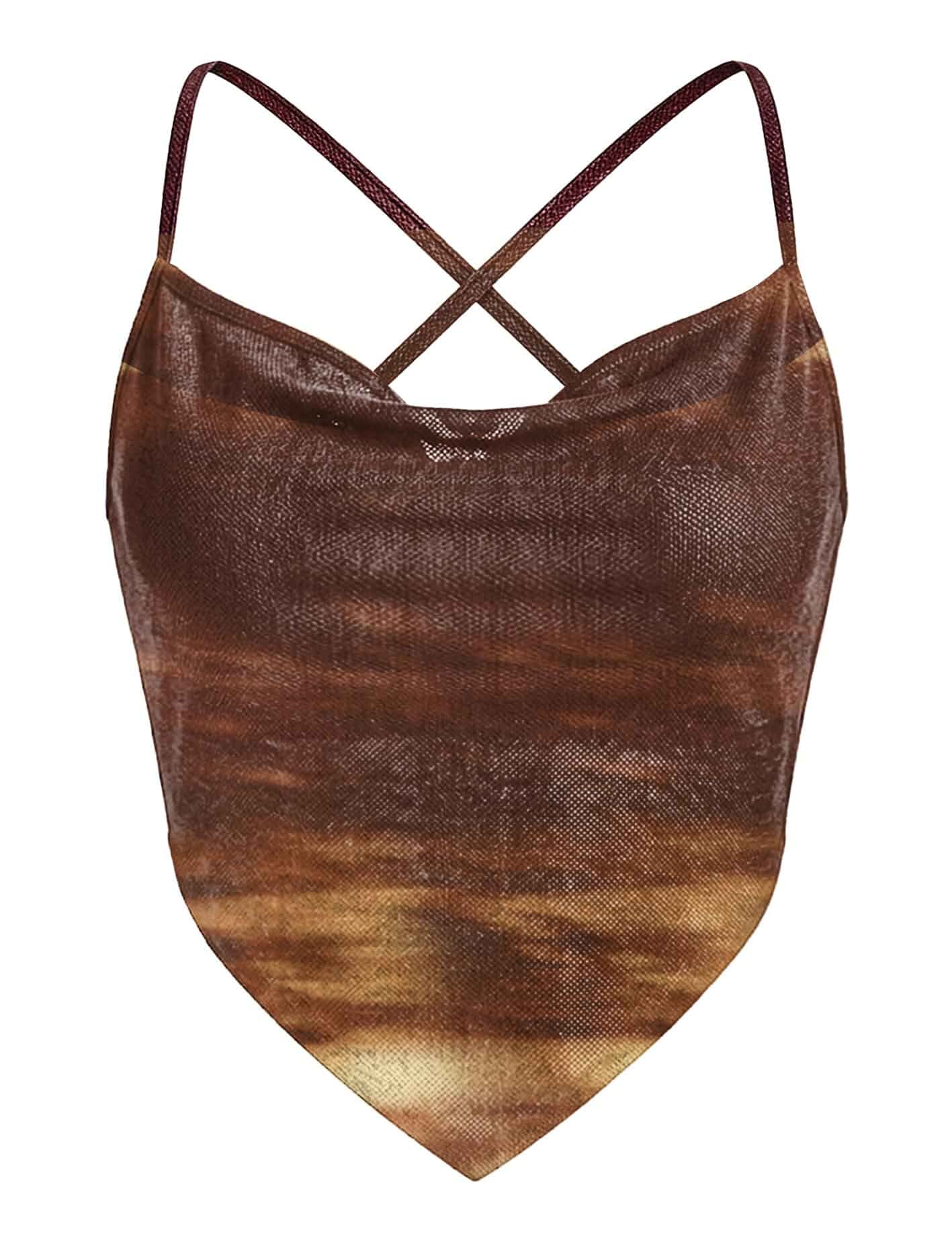 Clarisbelle Summer Womens Spaghetti Strap Ruched Mesh Cami Y2K Backless Cowl Neck Sleeveless Crop Top Sleeveless