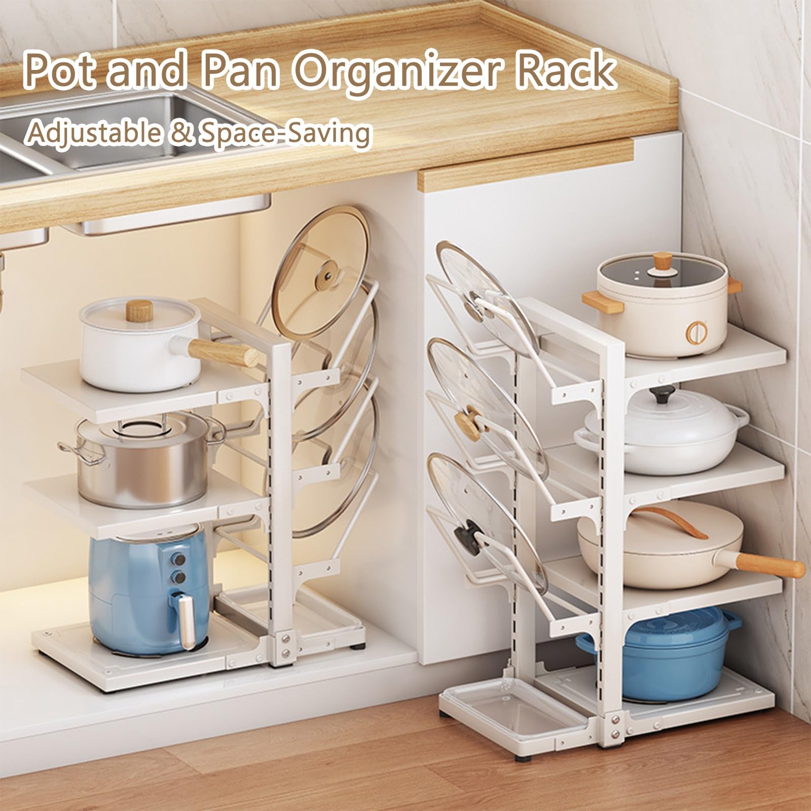 Estante organizador multifuncional ajustable para ollas y sartenes, estante para ollas de pie para gabinete, soportes para tapas de ollas con bandeja de drenaje, estante para ollas de hierro fundido