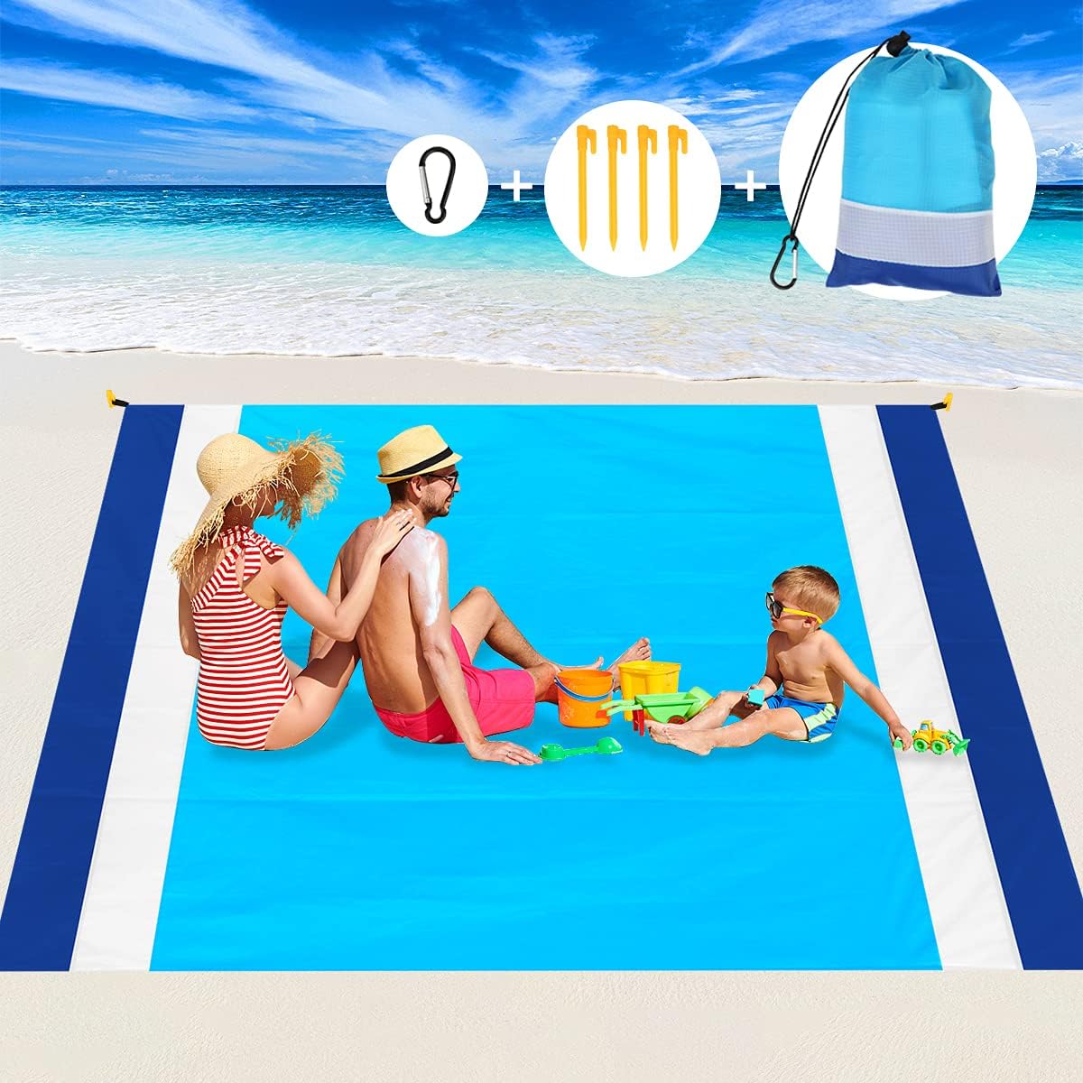 Sand Free Beach Blanket, Aitey Waterproof Beach Mat Compact Outdoor Blanket Ideal for Picnic, Travel, Hiking, Camping and Music Festivals with 4 Stakes, 4 Corner Pockets and Bag - 82"x 79"(Light Blue)