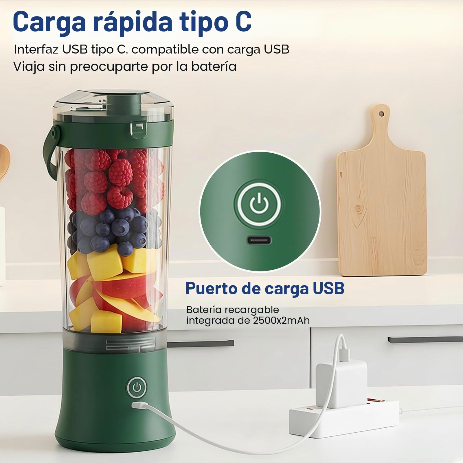Licuadora portátil para batidos y smoothies,TOPESCT 500ml mini licuadora personal recargable por USB con 6 cuchillas ultra afiladas para viajes,oficina y deportes(Verde negruzco)