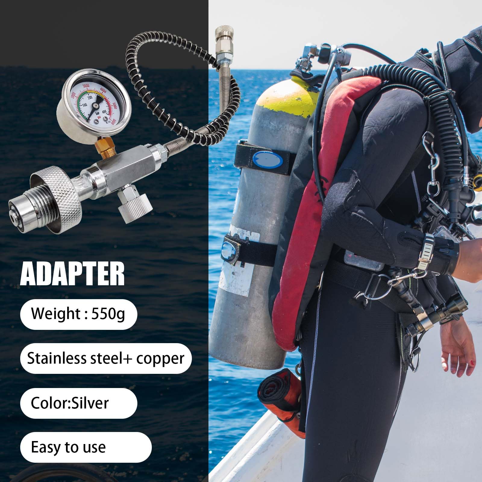 Adattatore per Bombola da Immersione, Connettore Gonfiabile con Frusta da 50 Cm per Immersione Attacco DIN 400 Bar per Ricarica Aria Pcp