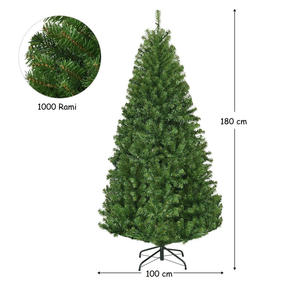 RELAX4LIFE Albero di Natale 180 cm, Artificiale Illuminato, Albero di Natale Illuminato in PVC, con Luce LED e Supporto in Metallo, Verde, Vari Dimensioni